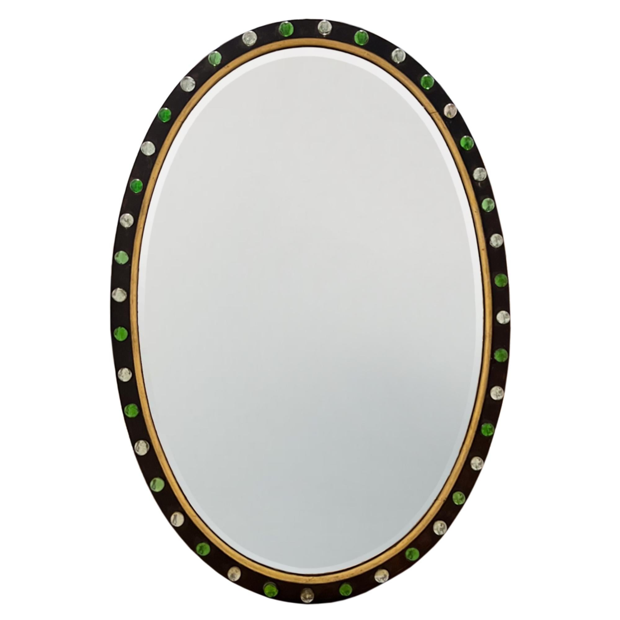 Irish Oval Mirror With Ebonised Frame and Green and Clear Glass Detail In Good Condition In London, GB