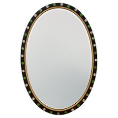 Antique Irish Oval Mirror With Ebonised Frame and Green and Clear Glass Detail