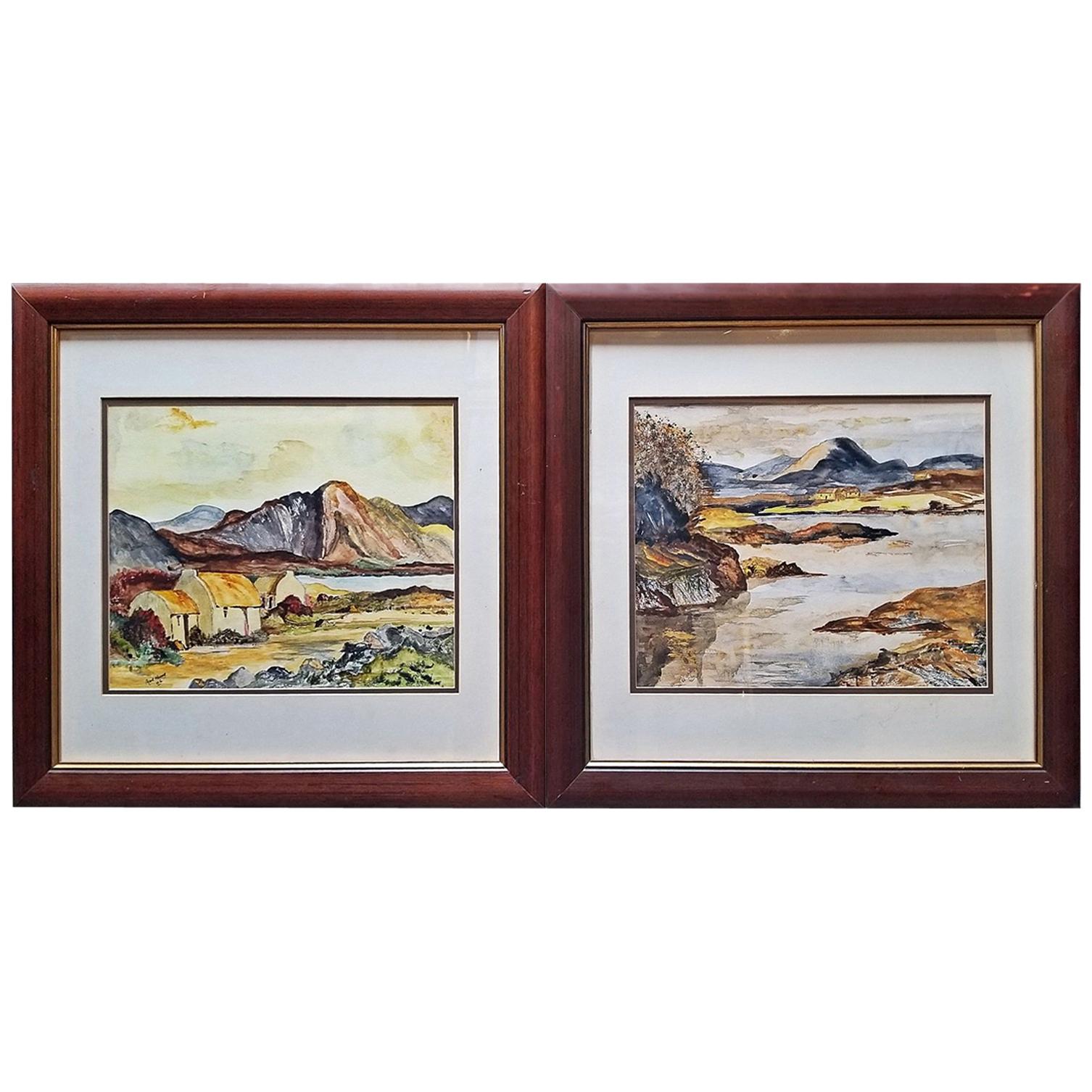 Pareja de grandes acuarelas irlandesas de Noel Hume, 2006, al estilo de Paul Henry