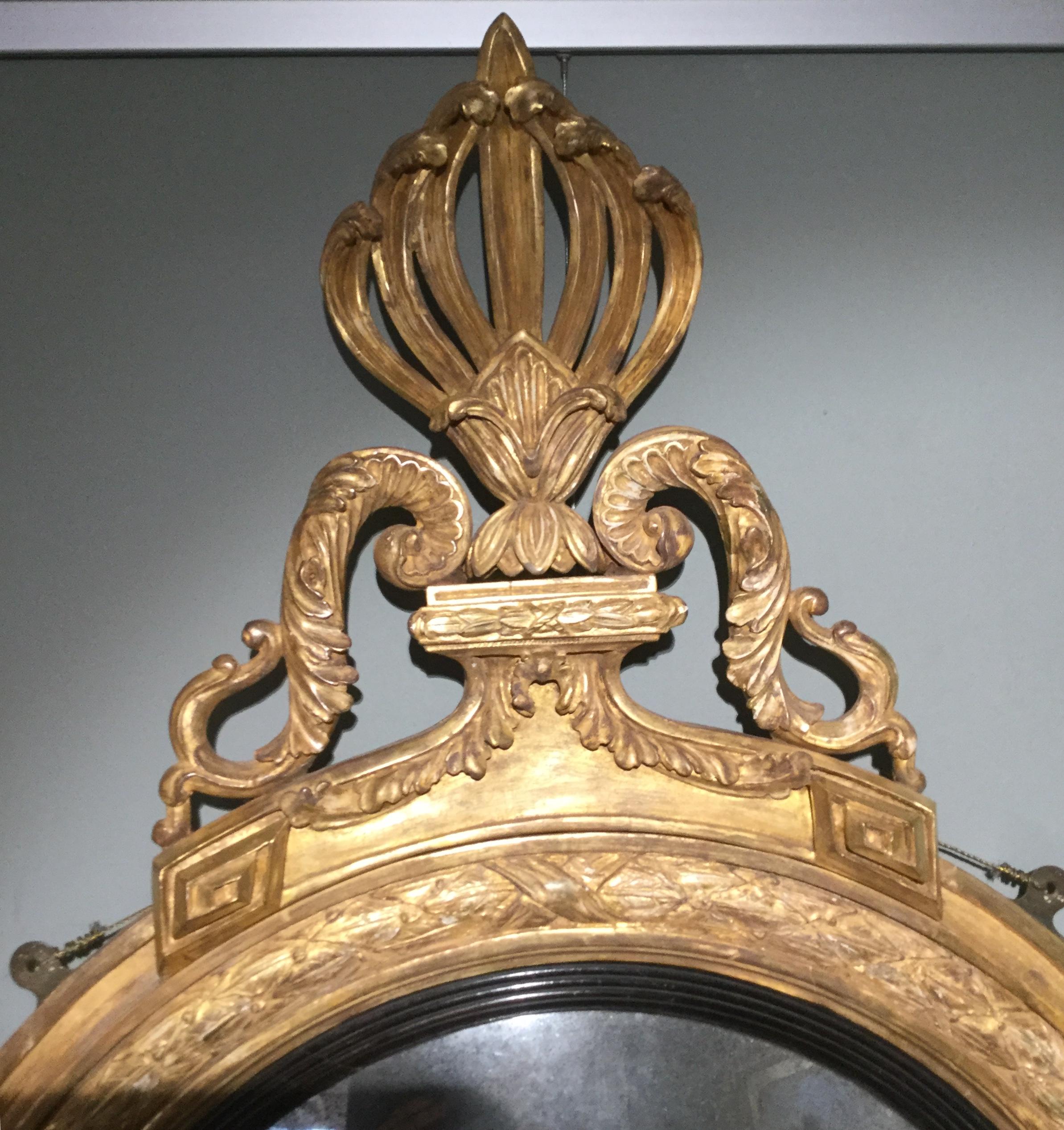 19th Century Irish Period Regency Gilt Carved Girandole Convex Mirror For Sale