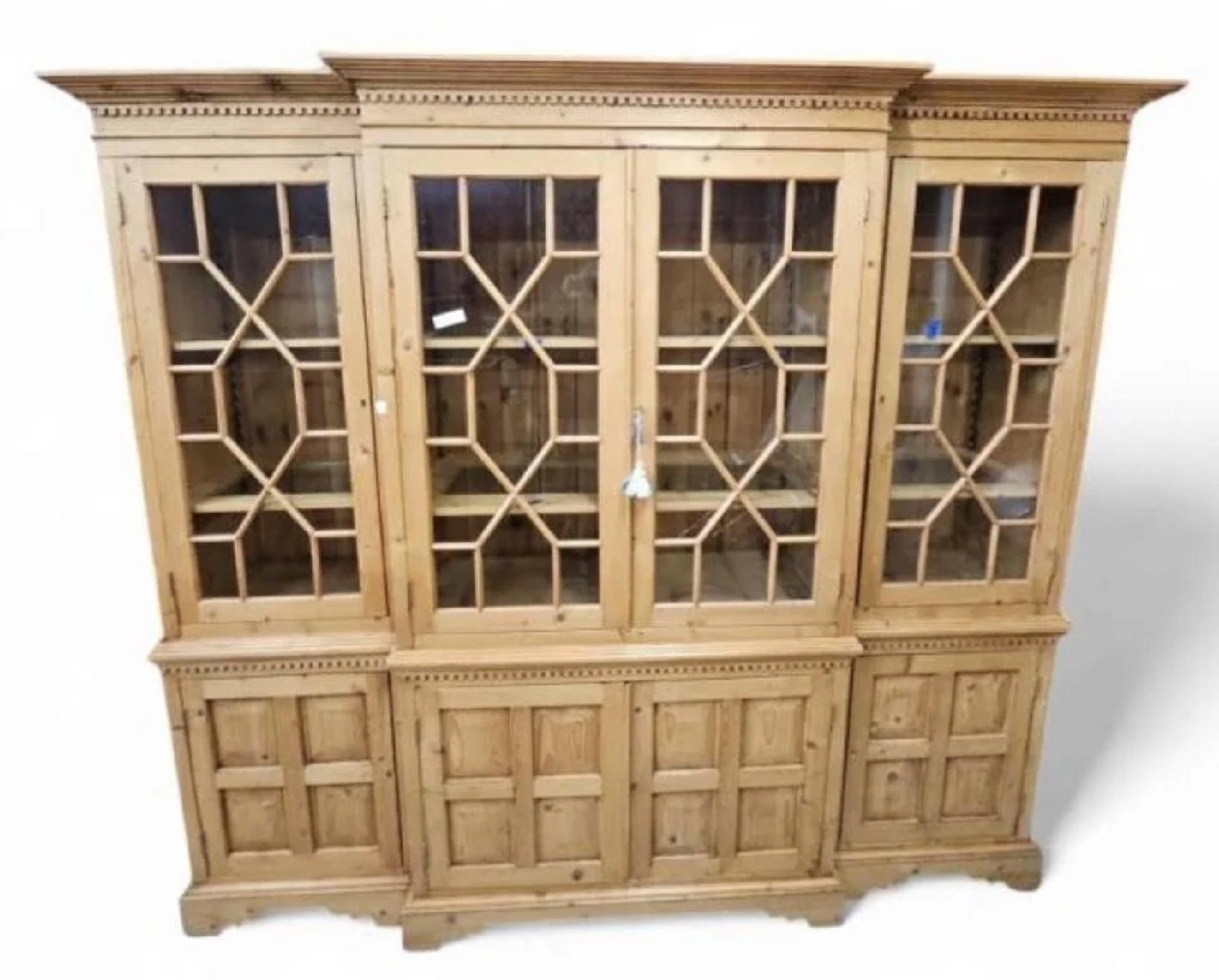 Northern Irish Irish Pine Breakfront/Bookcase, Great Color, Patina.