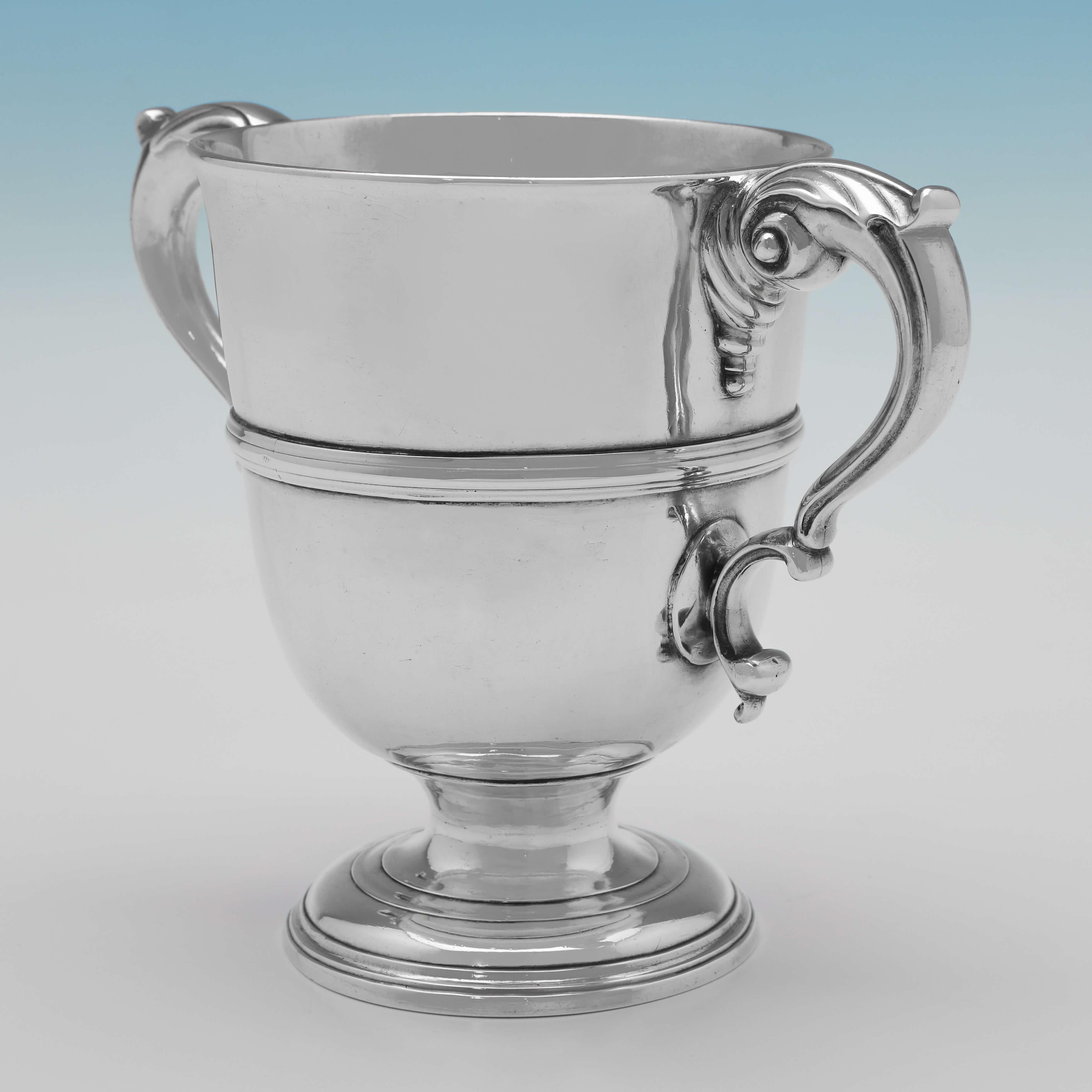 Made in Cork circa 1780 by Carden Terry, this handsome, George III period, Antique Sterling Silver Cup, is of traditional form, with acanthus detailed handles, and reed detailing. 

The cup measures 5