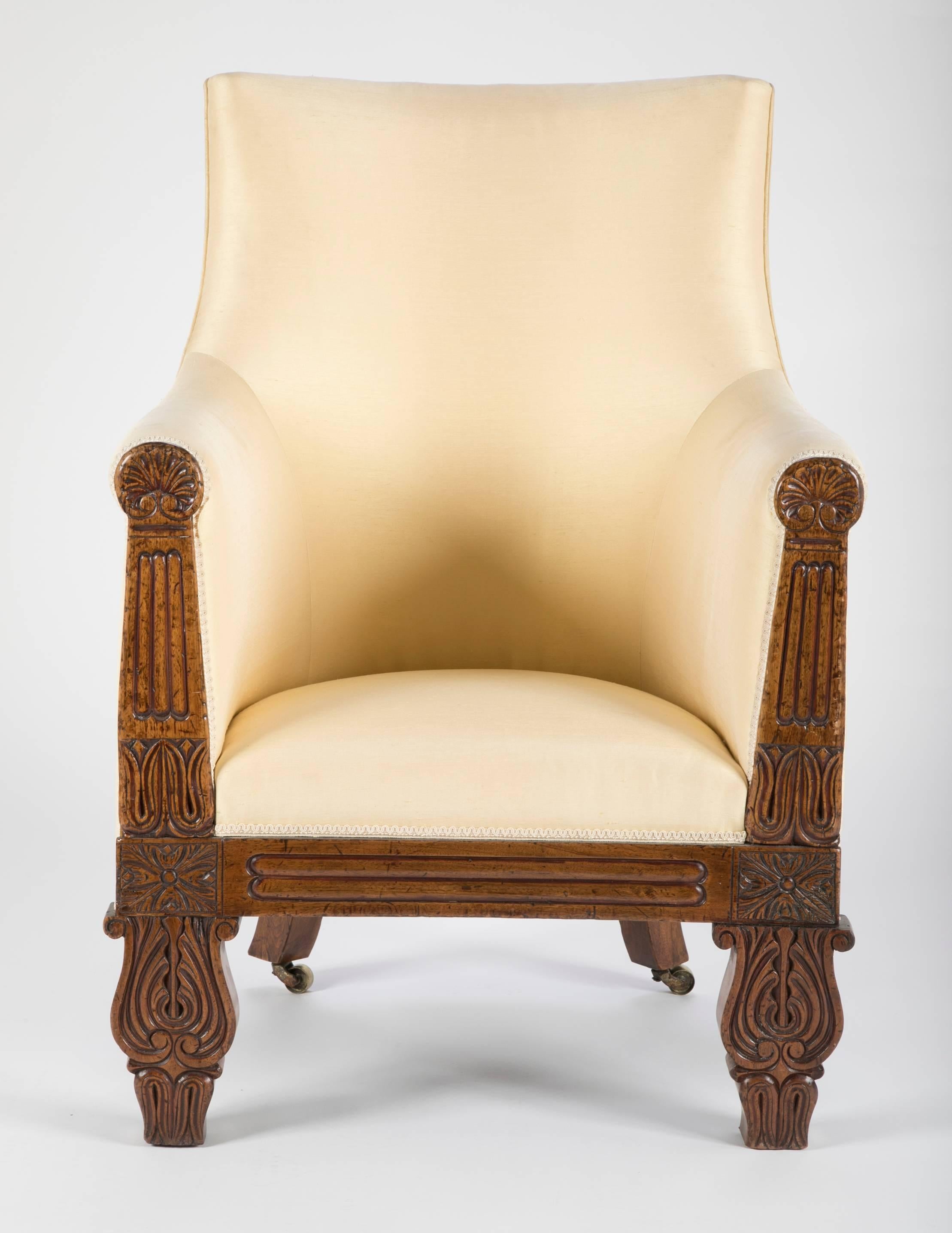19th Century Irish Regency Carved Walnut Armchair For Sale