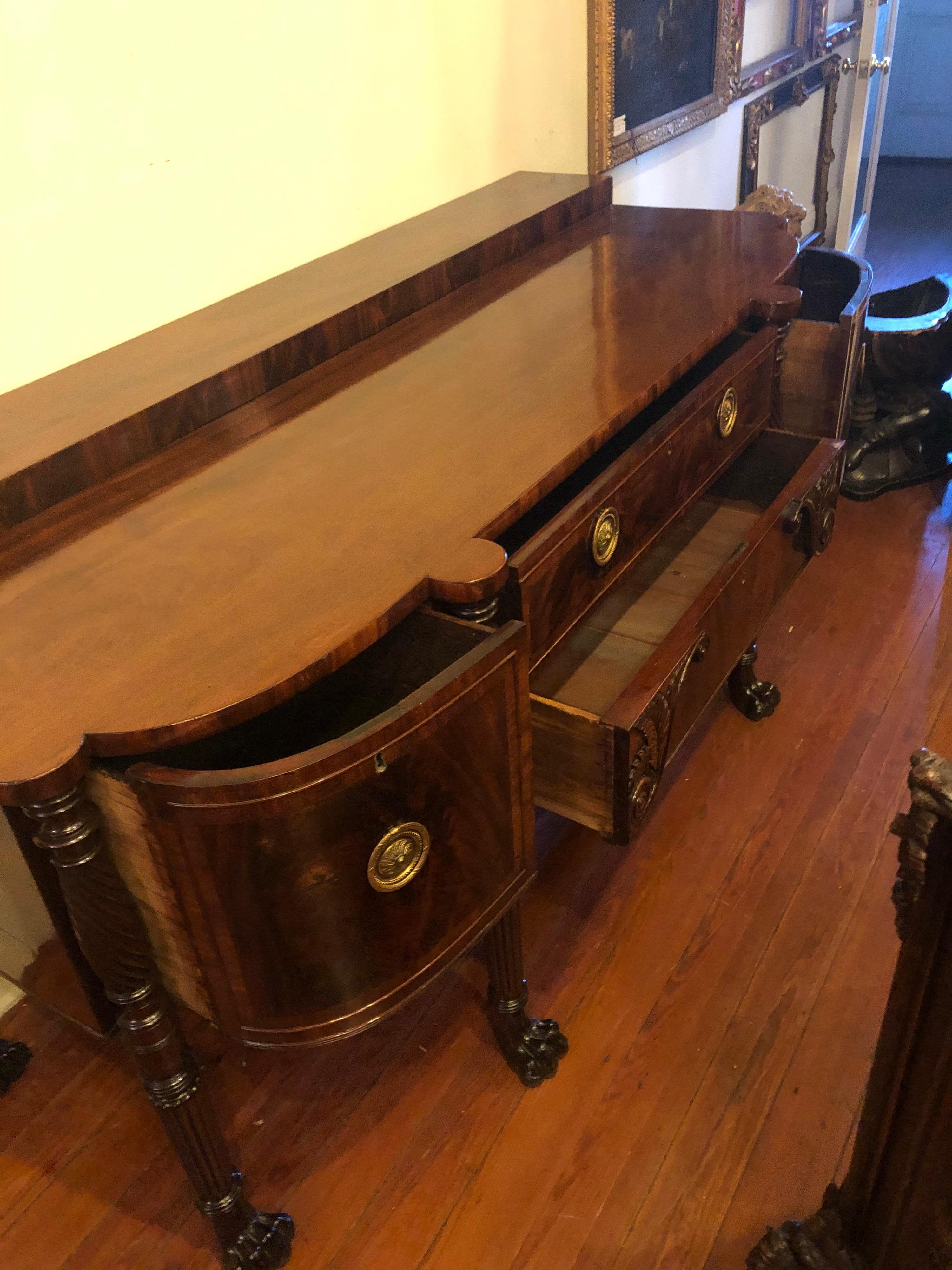 Irish Regency Flame Mahogany Sideboard In Fair Condition In Natchez, MS