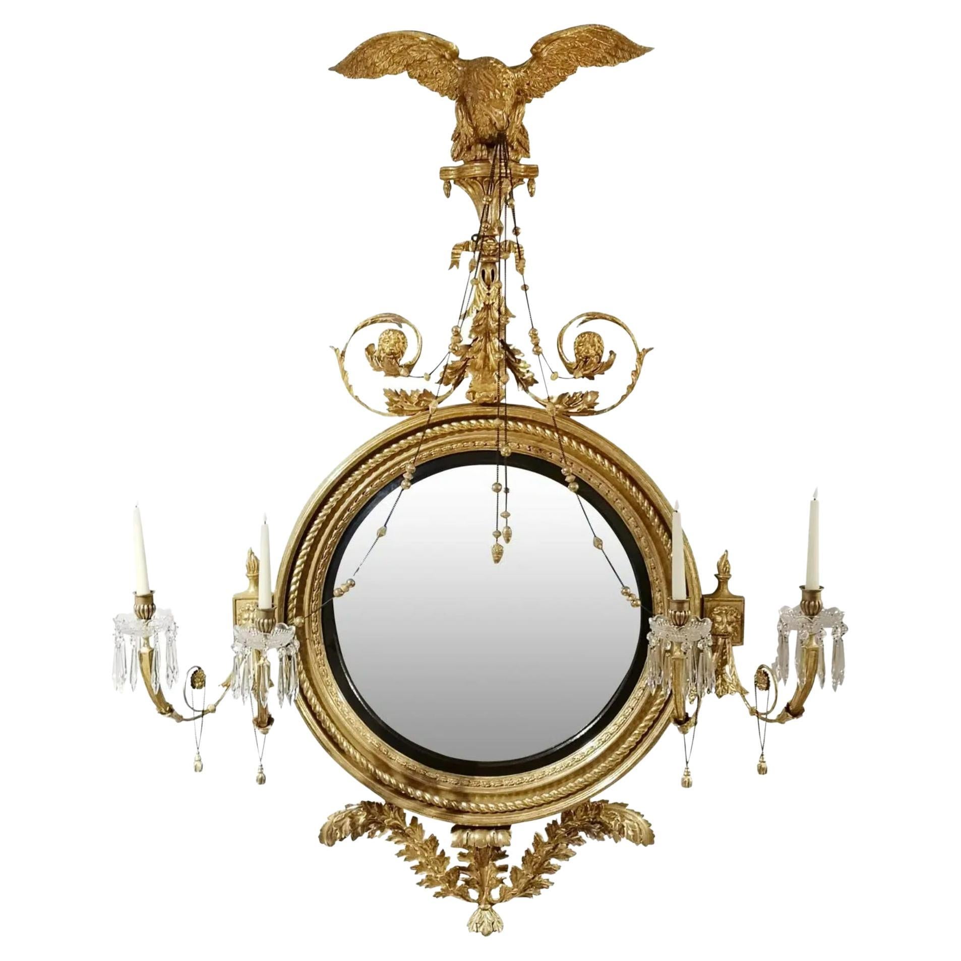 Irish Regency Giltwood and Ebonised Four-Light Girandole Mirror, 19th Century