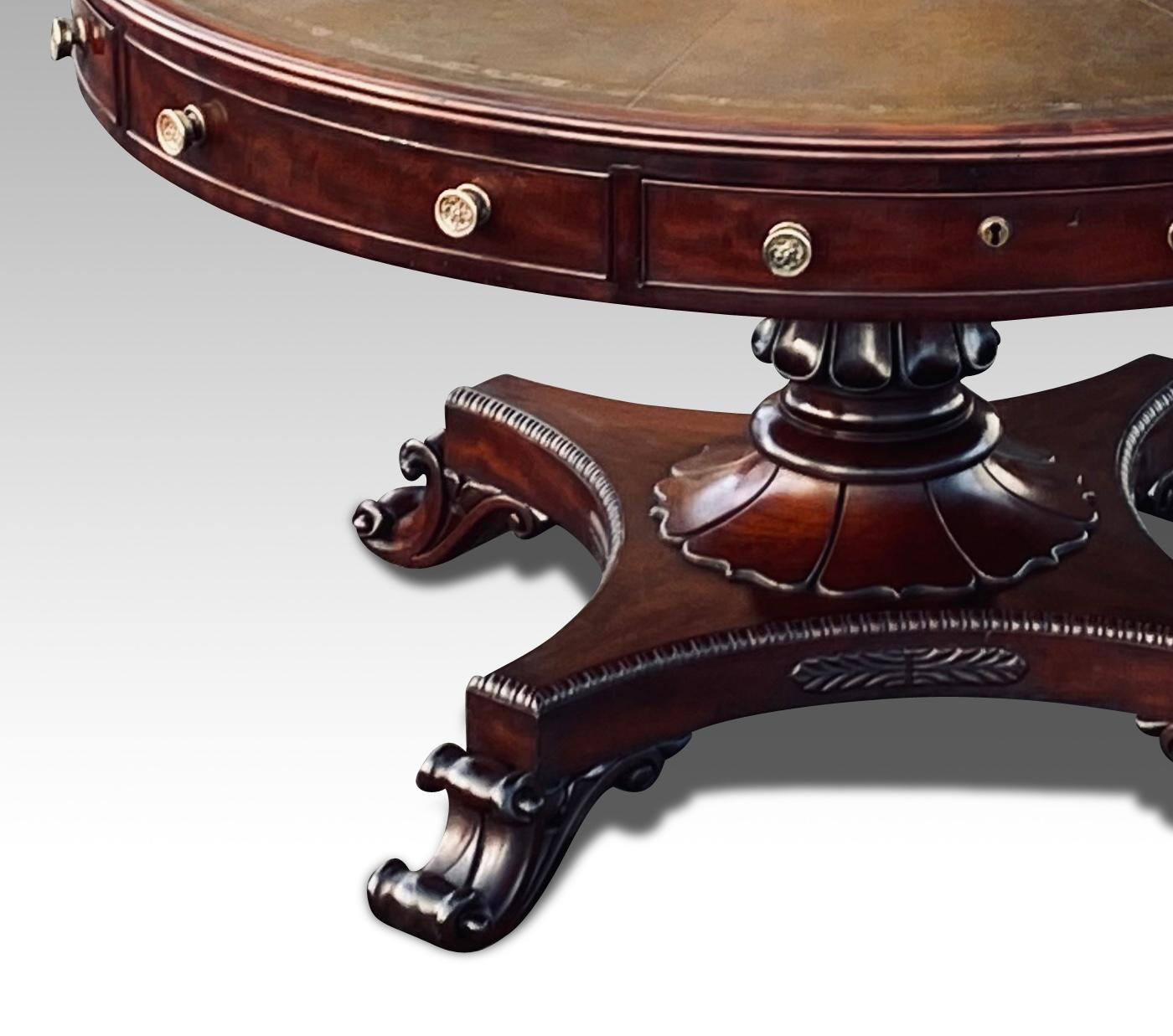 Carved Irish Regency Mahogany Drum Table in the Manner of Williams & Gibton For Sale