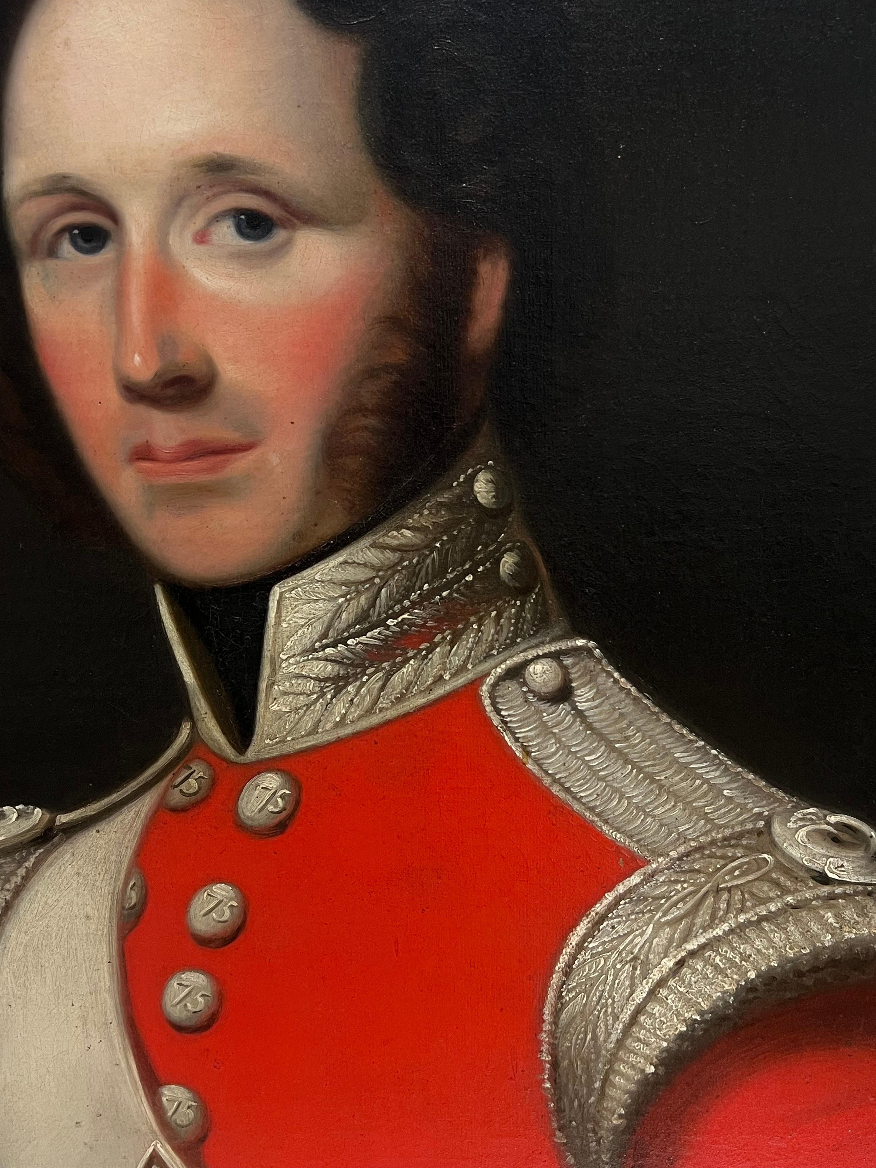 Raffinato ritratto del 1820 dell'ufficiale dell'esercito del 75° reggimento di piedi (Stirlingshire) - Portrait Painting Nero di Irish School 1820's