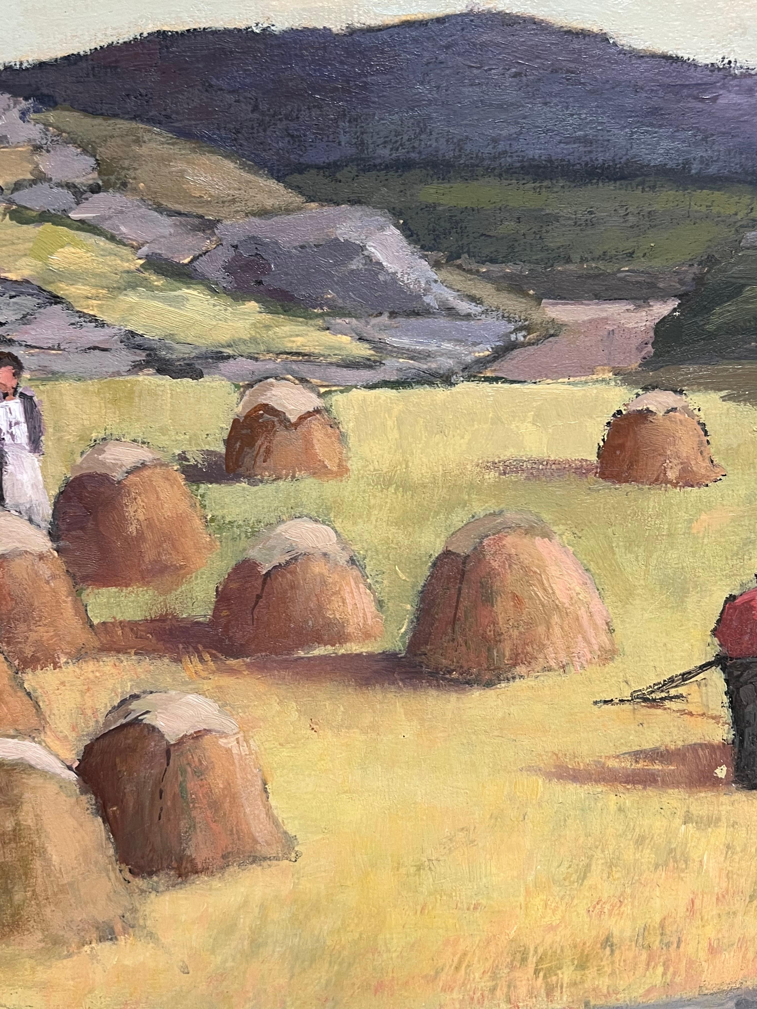 Irish Impressionist Oil Painting Haystooks in Landscape Field Harvest Workers For Sale 7