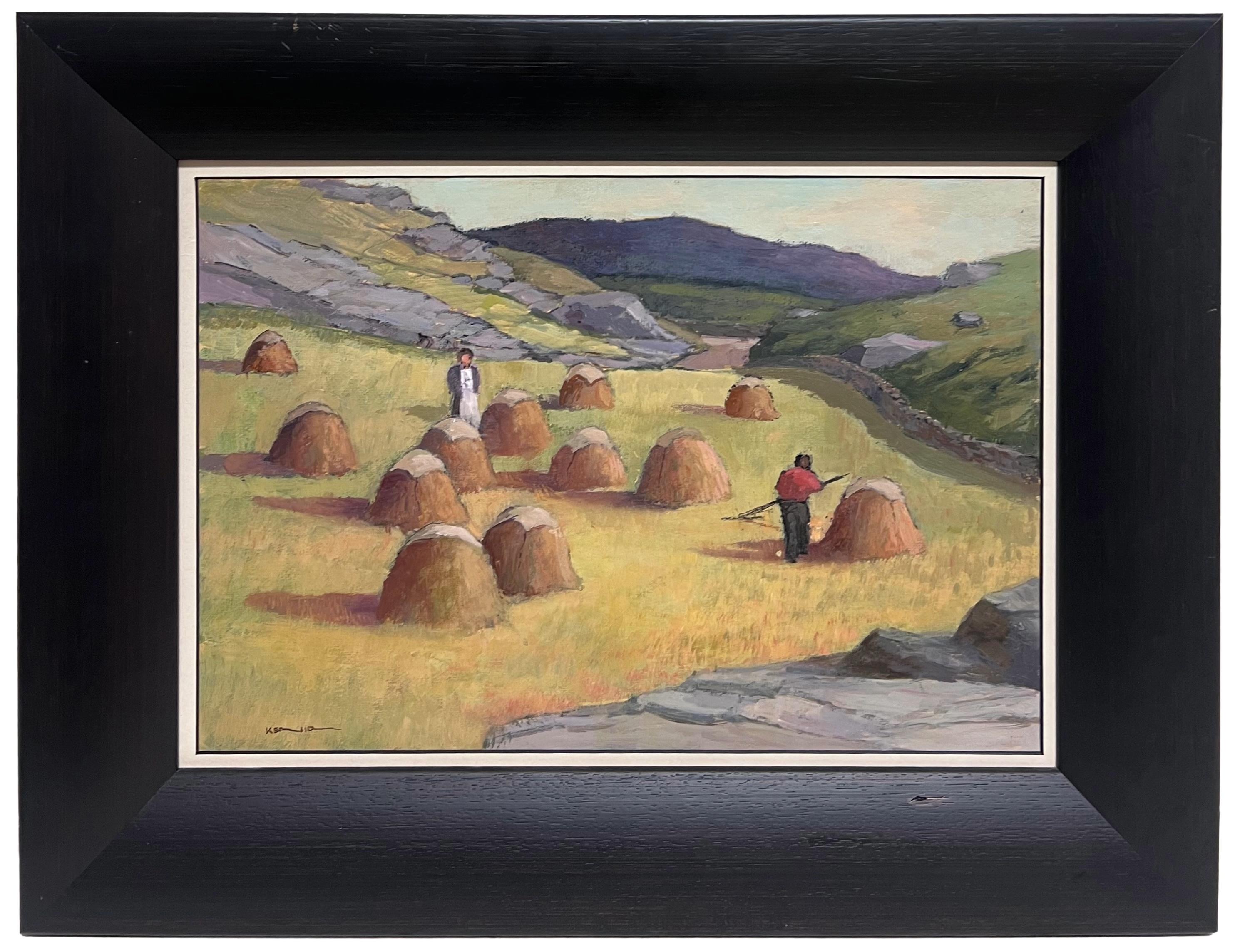 Irish Impressionist Oil Painting Haystooks in Landscape Field Harvest Workers - Brown Figurative Painting by Irish School (Late 20th Century)