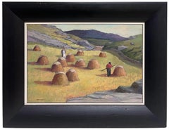 Irish Impressionist Oil Painting Haystooks in Landscape Field Harvest Workers