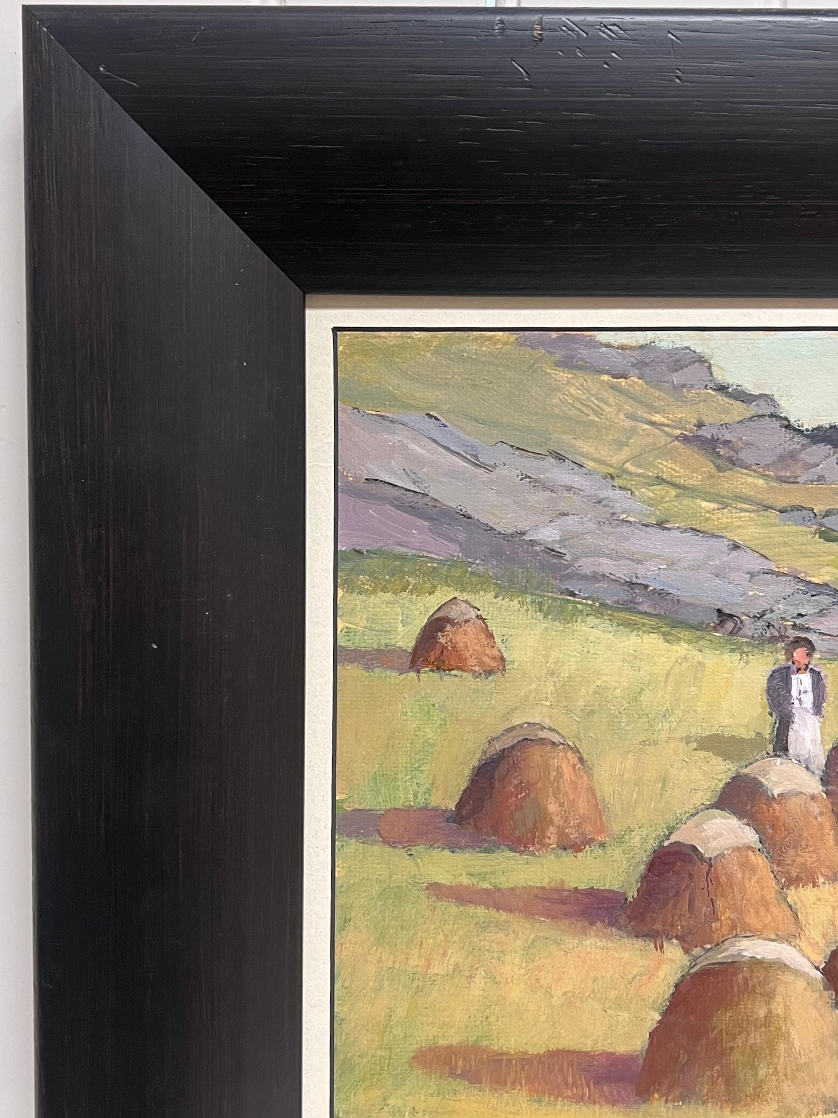 Irish Impressionist Oil Painting Haystooks in Landscape Field Harvest Workers For Sale 1