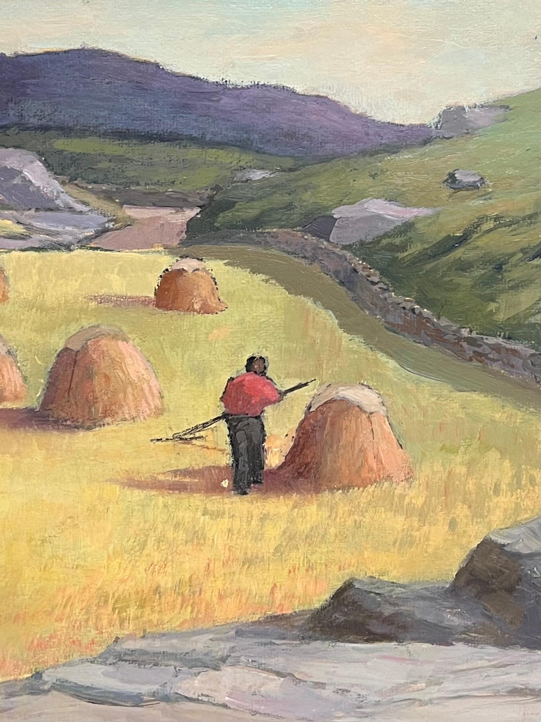 Irish Impressionist Oil Painting Haystooks in Landscape Field Harvest Workers For Sale 2