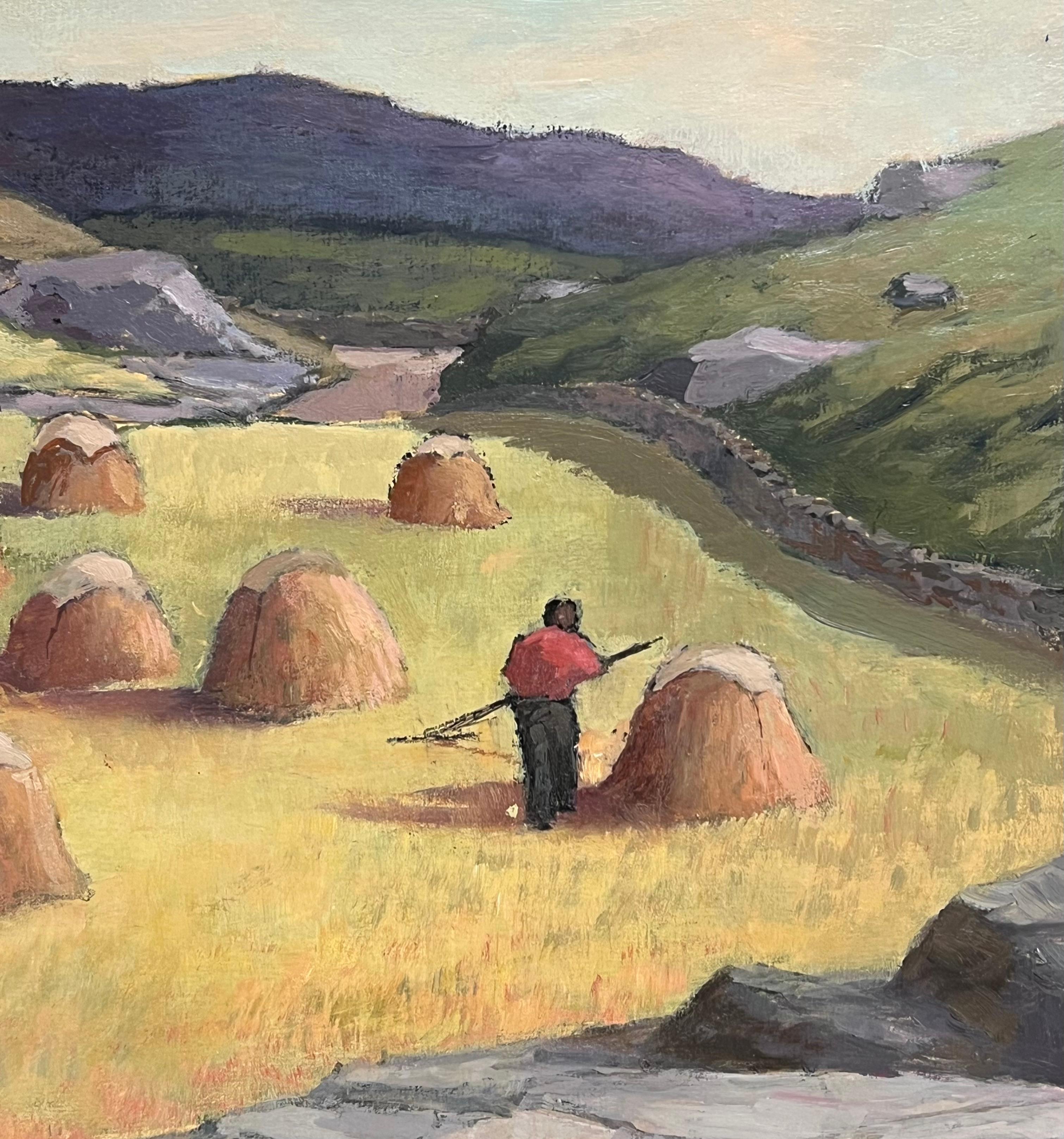 Irish Impressionist Oil Painting Haystooks in Landscape Field Harvest Workers For Sale 3