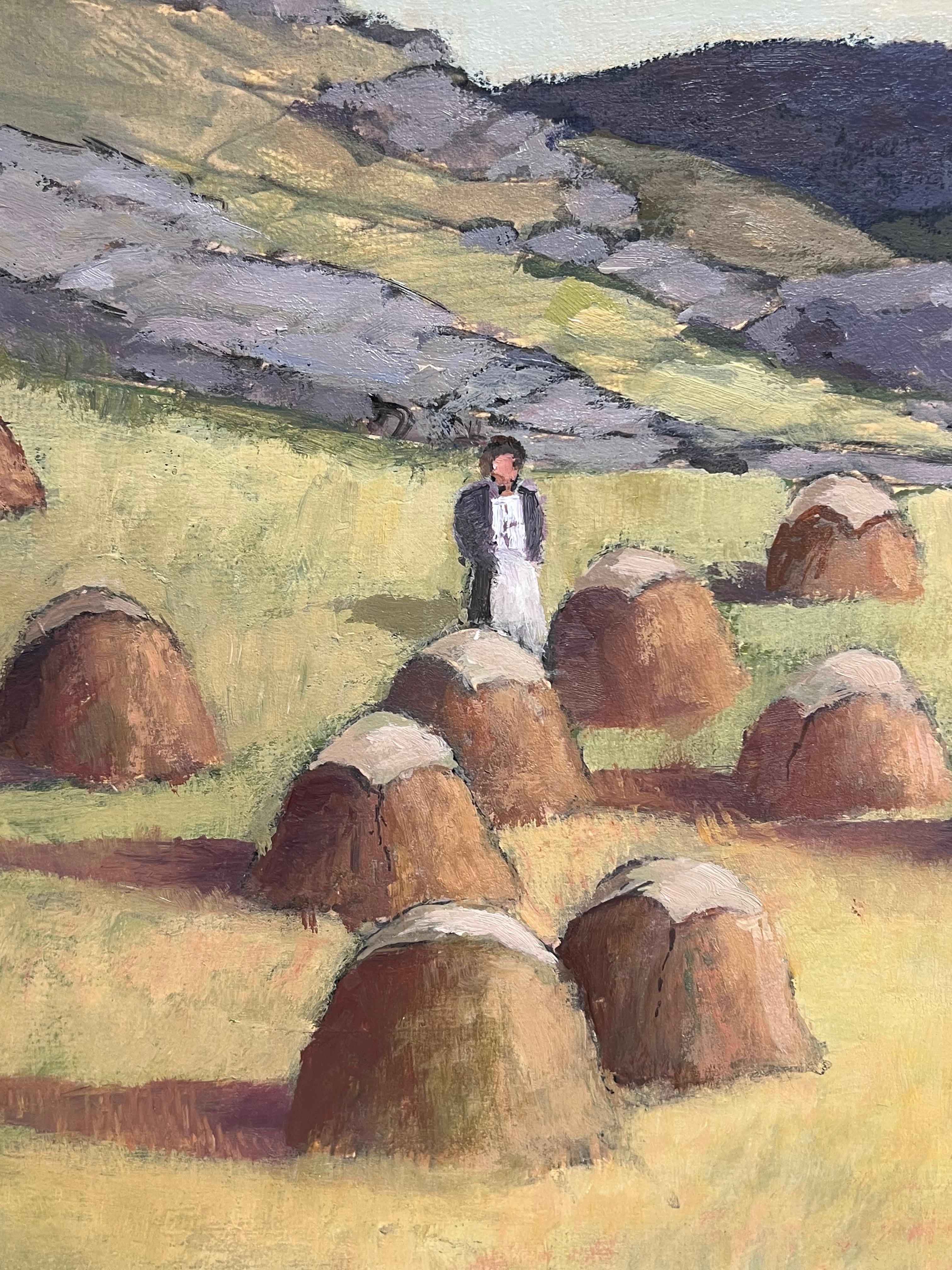 Irish Impressionist Oil Painting Haystooks in Landscape Field Harvest Workers For Sale 5