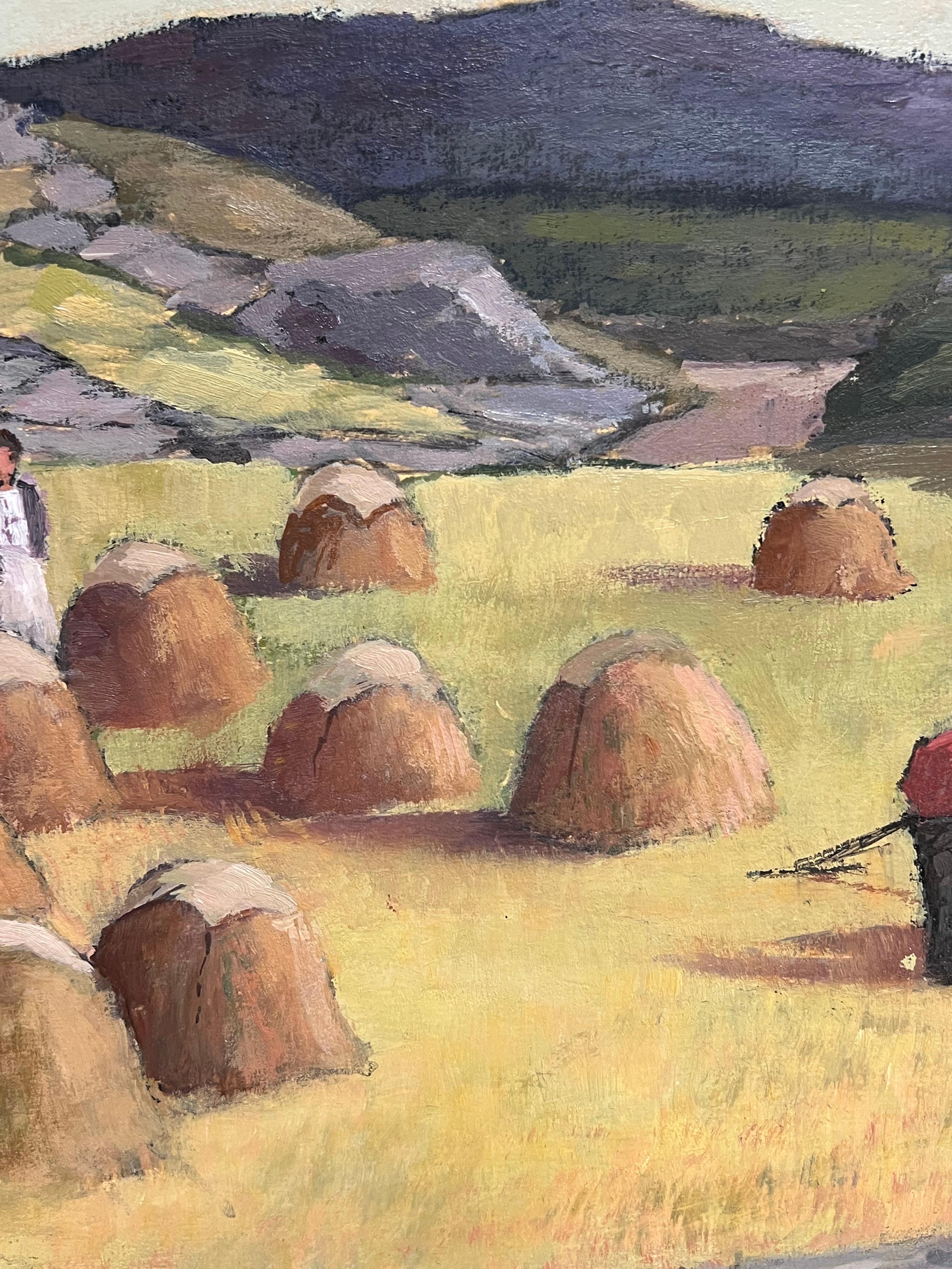 Irish Impressionist Oil Painting Haystooks in Landscape Field Harvest Workers For Sale 6