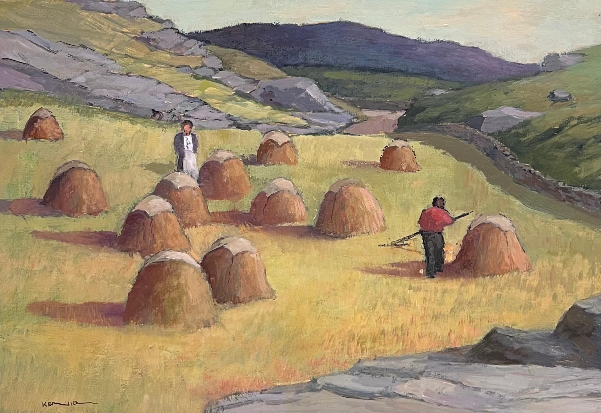 Irish School (Late 20th Century) Figurative Painting - Irish Impressionist Oil Painting Haystooks in Landscape Field Harvest Workers