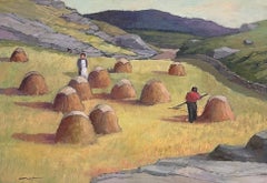 Irish Impressionist Oil Painting Haystooks in Landscape Field Harvest Workers
