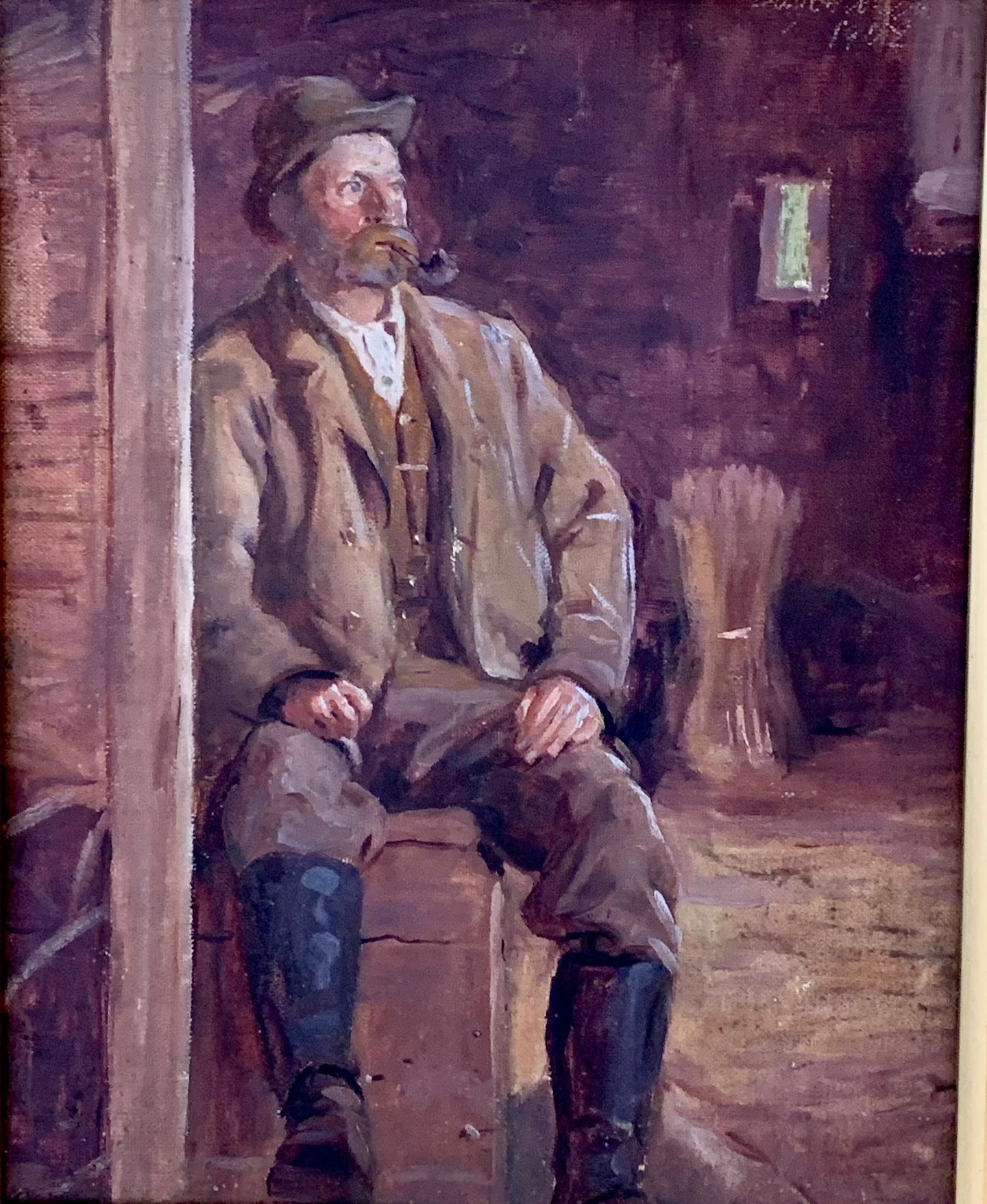 19th century Irish portrait of a man, smoking a Pipe, seated in a barn interior. - Painting by Irish School