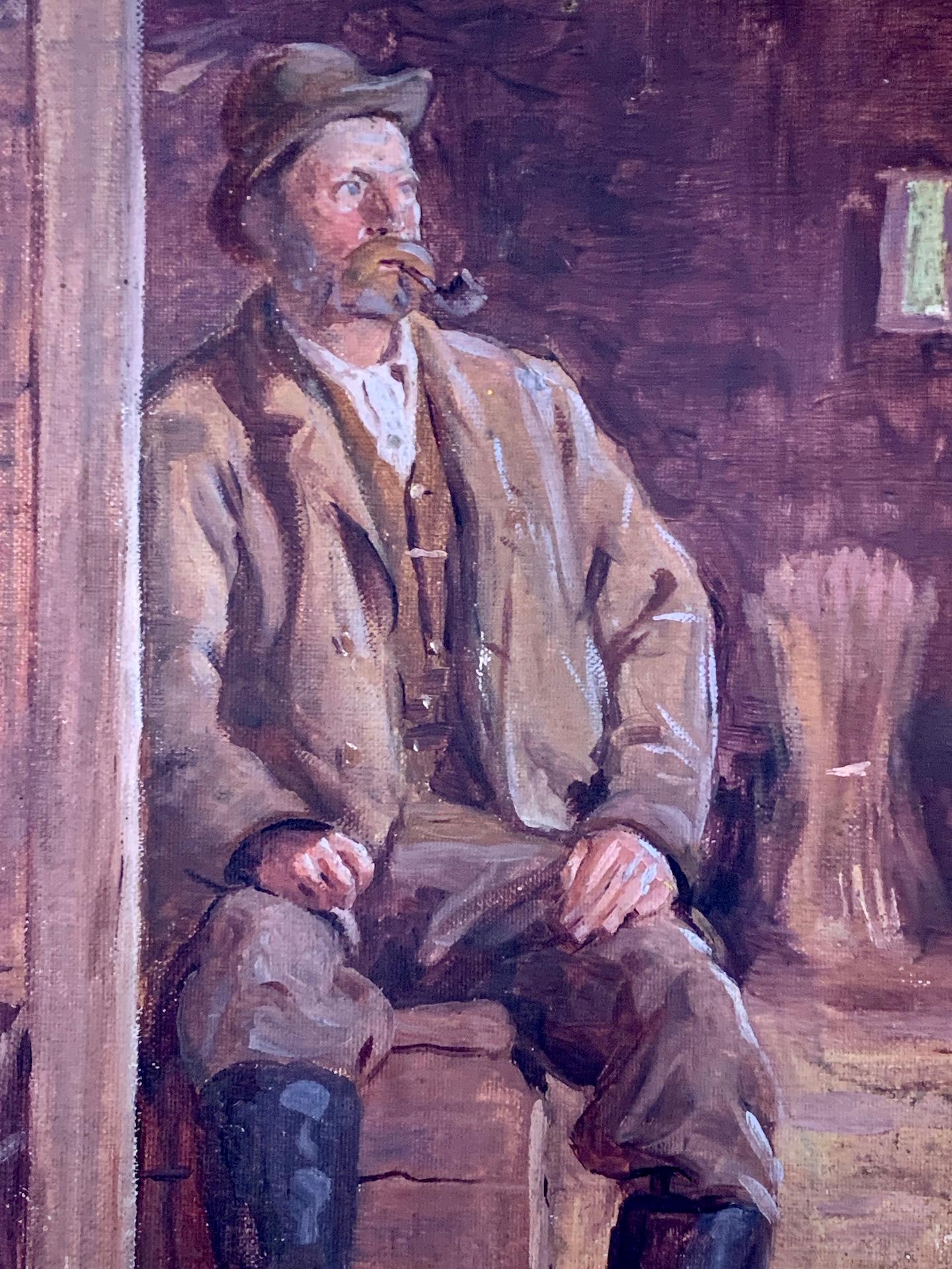 Portrait irlandais du XIXe siècle d'un homme fumant la pipe, assis à l'intérieur d'une grange. - Victorien Painting par Irish School