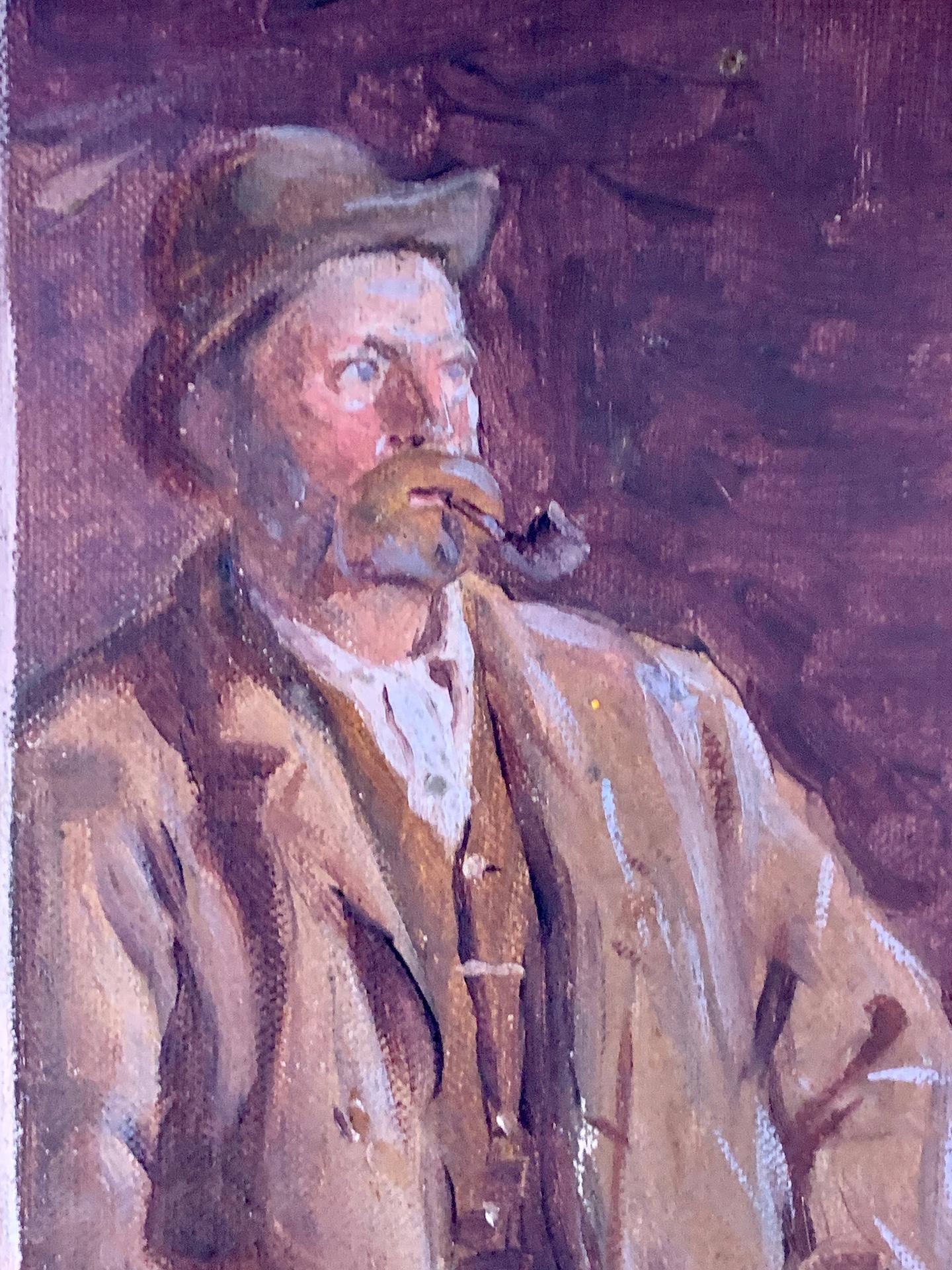 19th century Irish portrait of a man, smoking a Pipe, seated in a barn interior. - Victorian Painting by Irish School