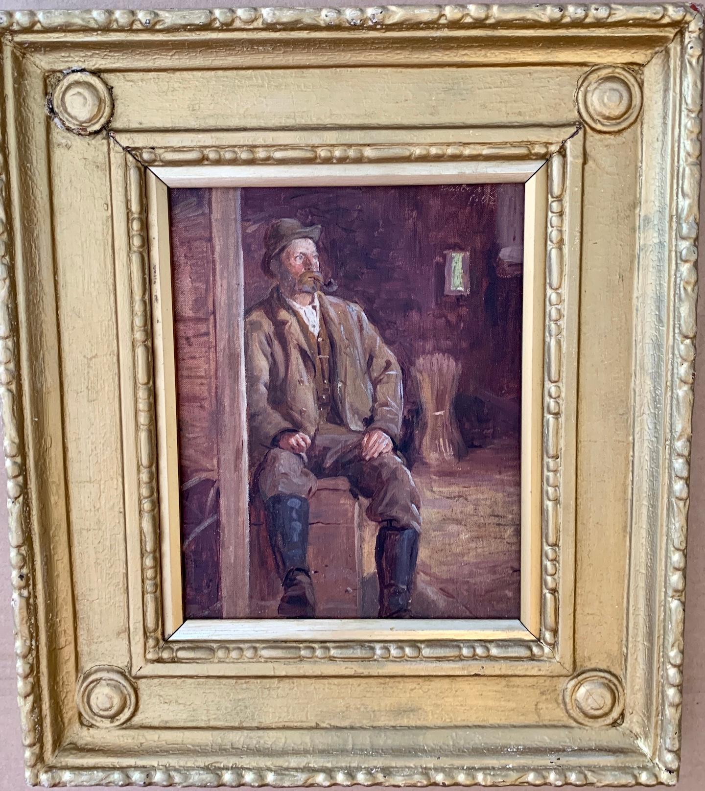 19th century Irish portrait of a man, smoking a Pipe, seated in a barn interior.