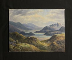 Antique Irish Oil Painting Mountain Lake Scene Soft Golden Colors & Hills