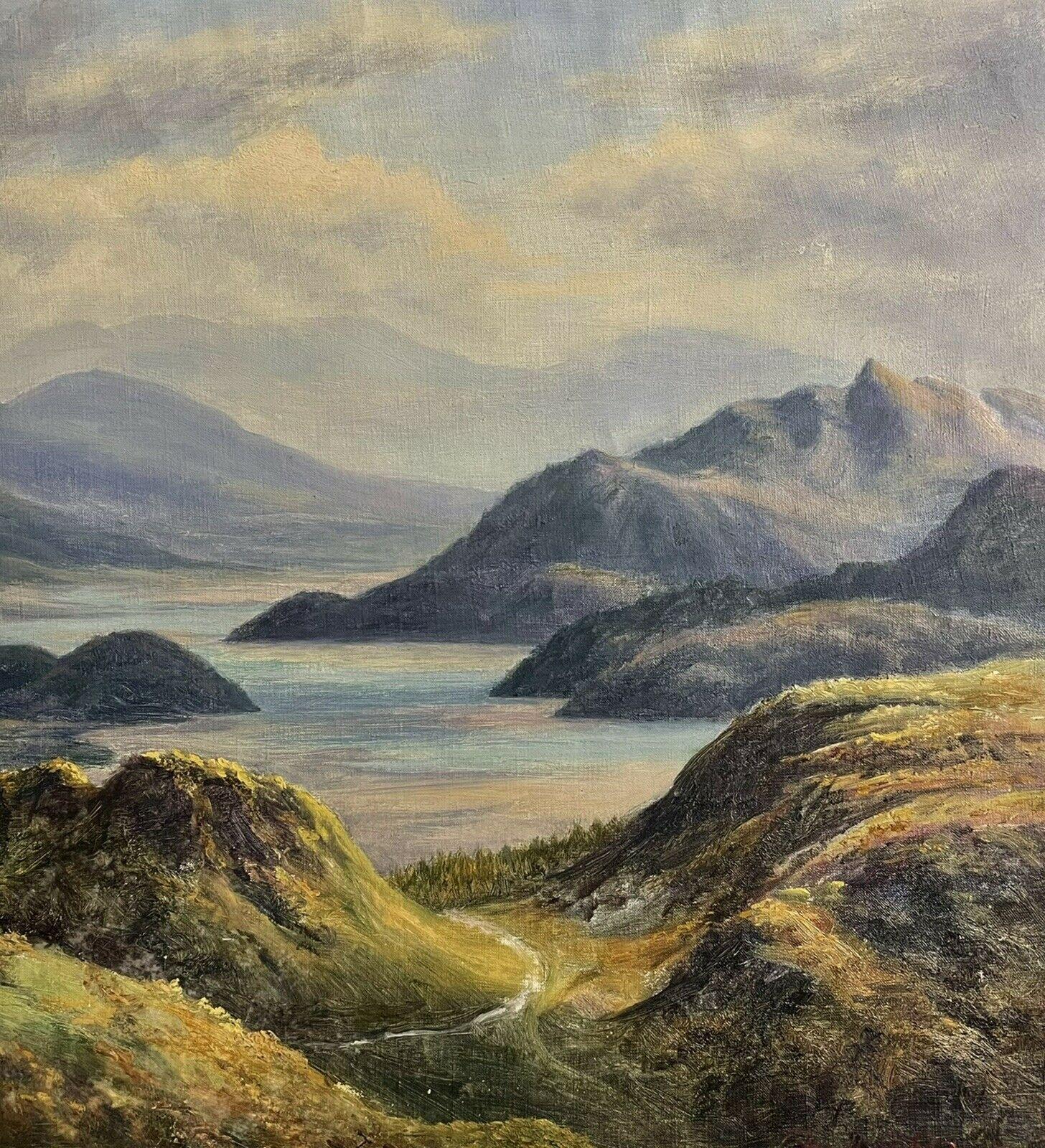 Antique Irish Oil Painting Mountain Lake Scene Soft Golden Colors & Hills - Gray Landscape Painting by Irish School