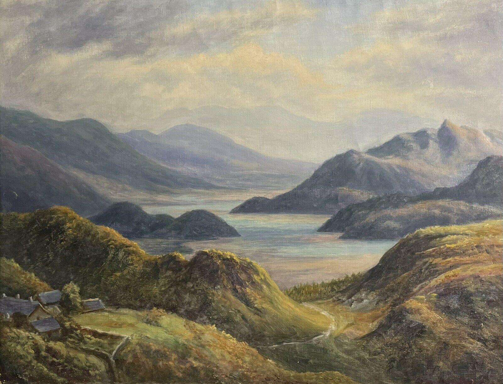 Irish School Landscape Painting - Antique Irish Oil Painting Mountain Lake Scene Soft Golden Colors & Hills