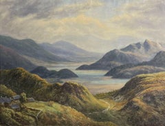 Antique Irish Oil Painting Mountain Lake Scene Soft Golden Colors & Hills