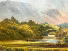 Huge 1880’s Irish Signed Oil Cottage & Figure in Highland Mountain Landscape