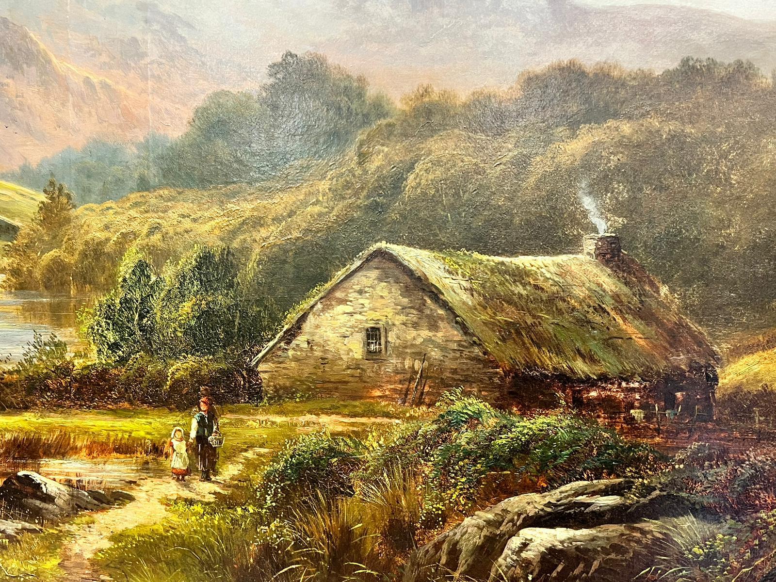 Huge 1880’s Irish Signed Oil Cottage & Figure in Highland Mountain Landscape  - Victorian Painting by Irish School