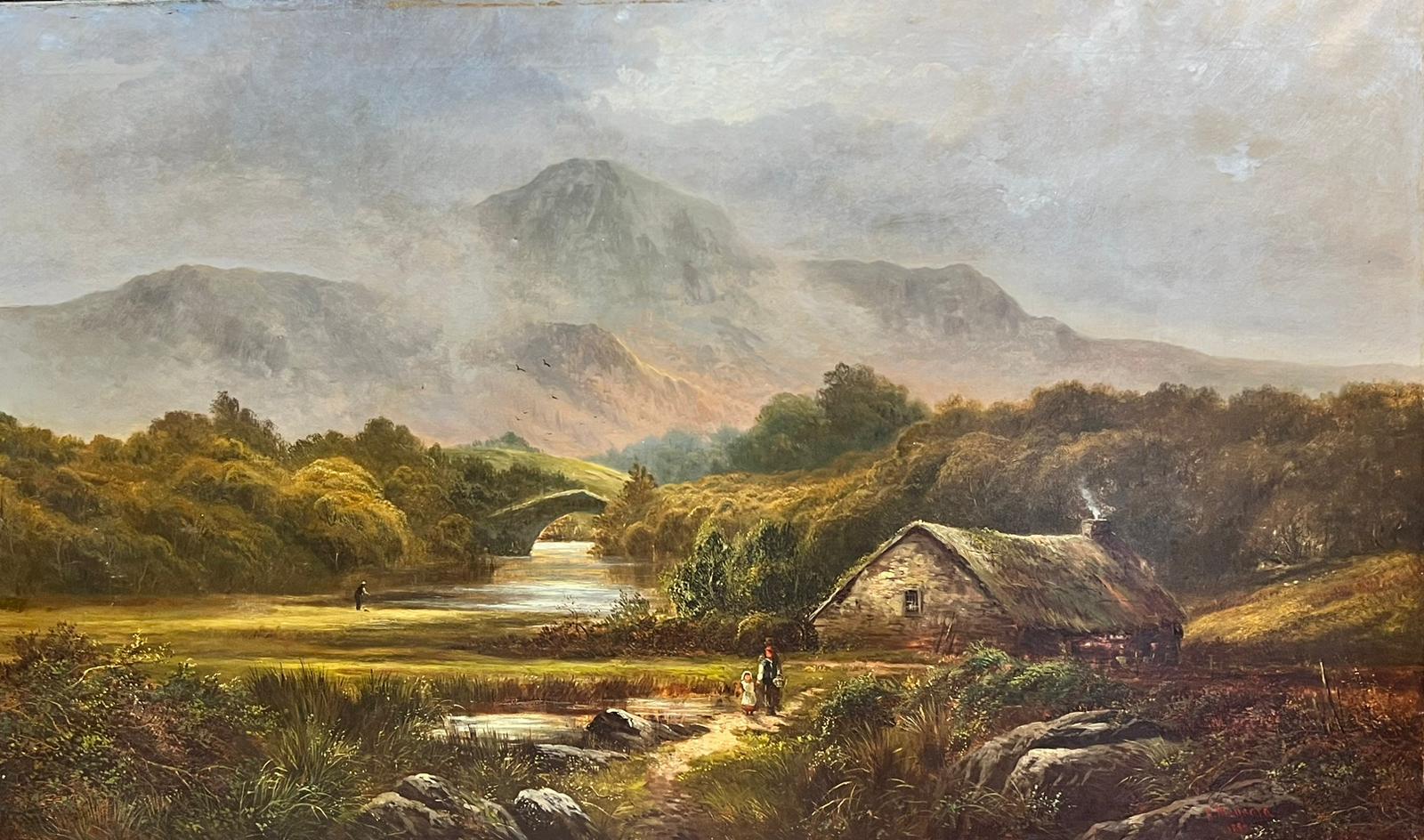 Huge 1880’s Irish Signed Oil Cottage & Figure in Highland Mountain Landscape 