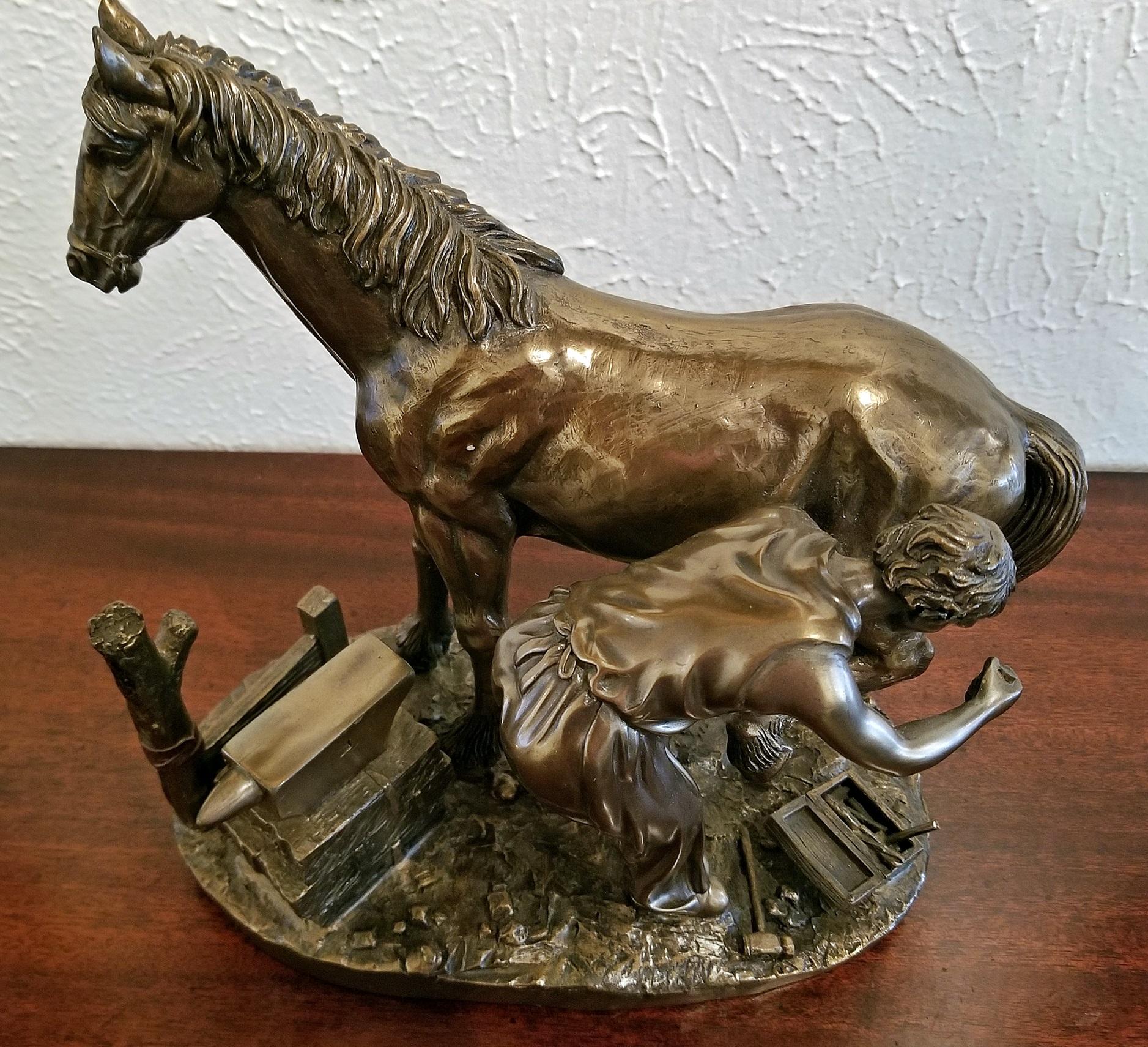 Lovely study of a horse and farrier.

Another from the Genesis collection by Mullingar Pewter.

Bronze style sculpture…………..plaster/resin cast model that is bronzed after setting.

The farrier is changing the horse’s shoes with anvil in