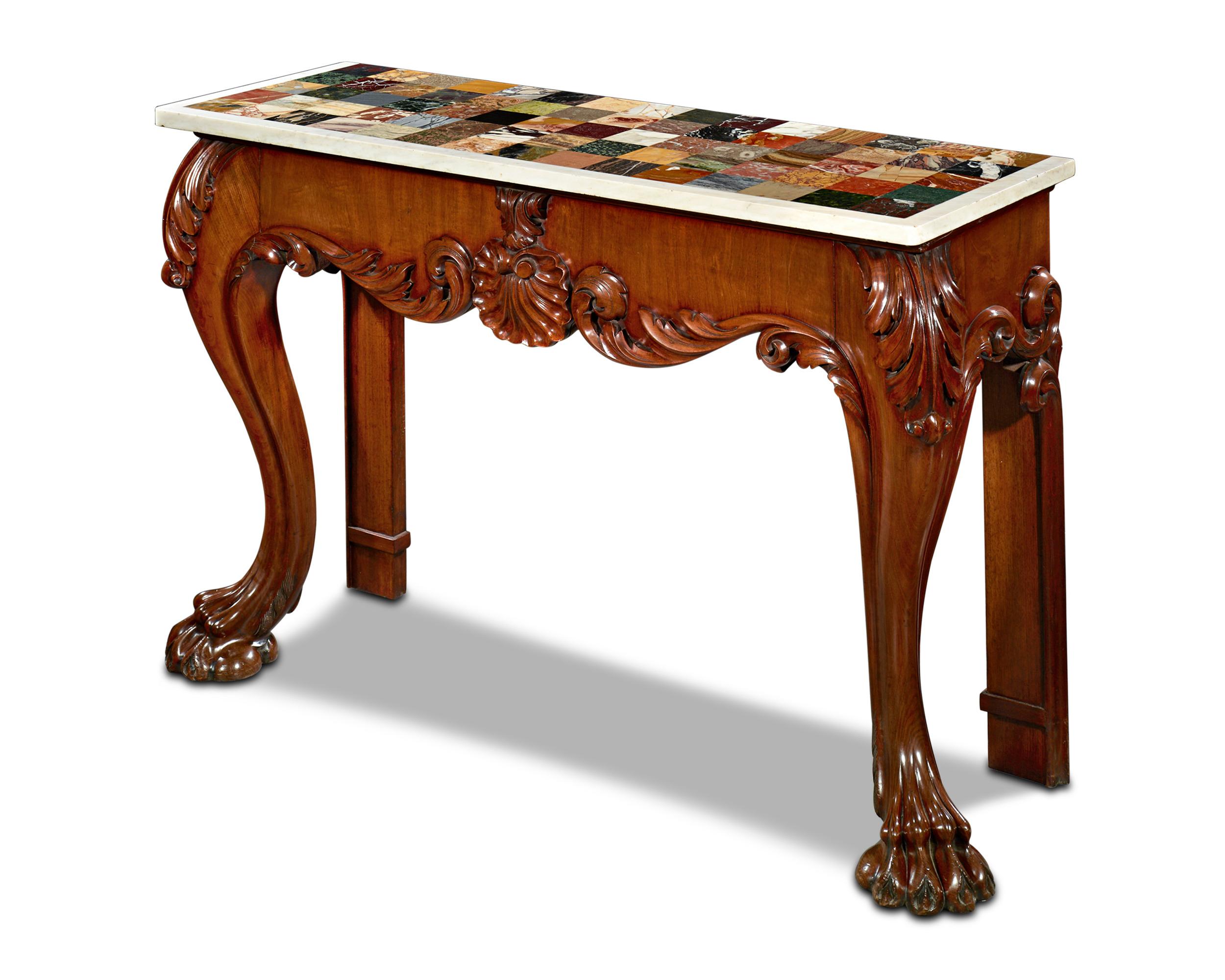 In a prime illustration of the Regency era's appreciation for exotic colors and materials, the surface of this museum-quality Irish specimen console table is inset with 75 of the world's rarest and most important marbles and prized stones, many of