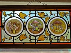 Irish Stained and Hand-Painted Glass Panel of Fairy and Leprechaun, Unique