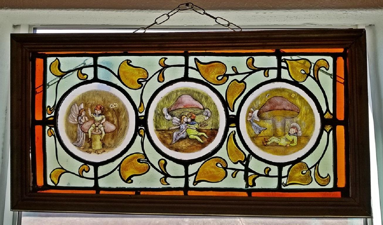 Country Irish Stained and Hand-Painted Glass Panel of Fairy and Leprechaun, Unique
