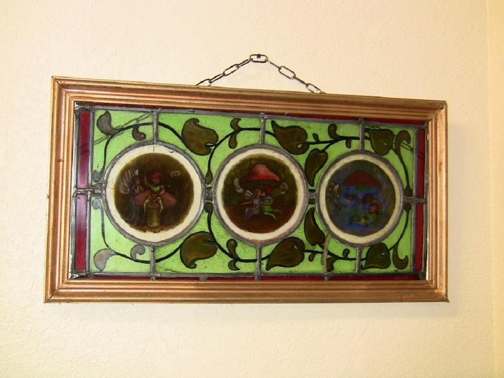 Irish Stained and Hand-Painted Glass Panel of Fairy and Leprechaun, Unique In Good Condition In Dallas, TX