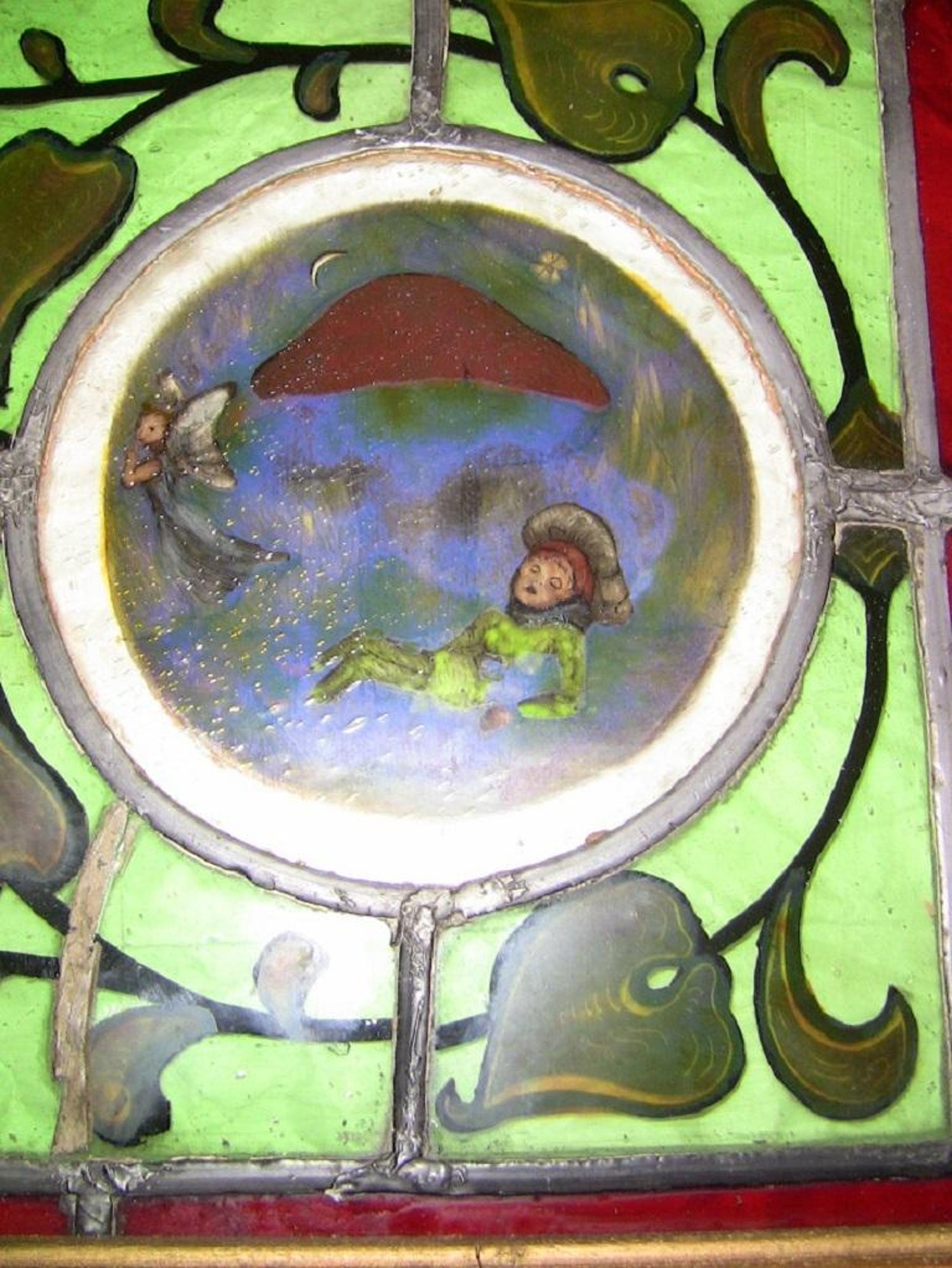 Irish Stained And Hand Painted Glass Panel Of Fairy And Leprechaun