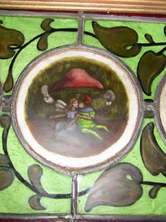 Irish Stained And Hand Painted Glass Panel Of Fairy And Leprechaun