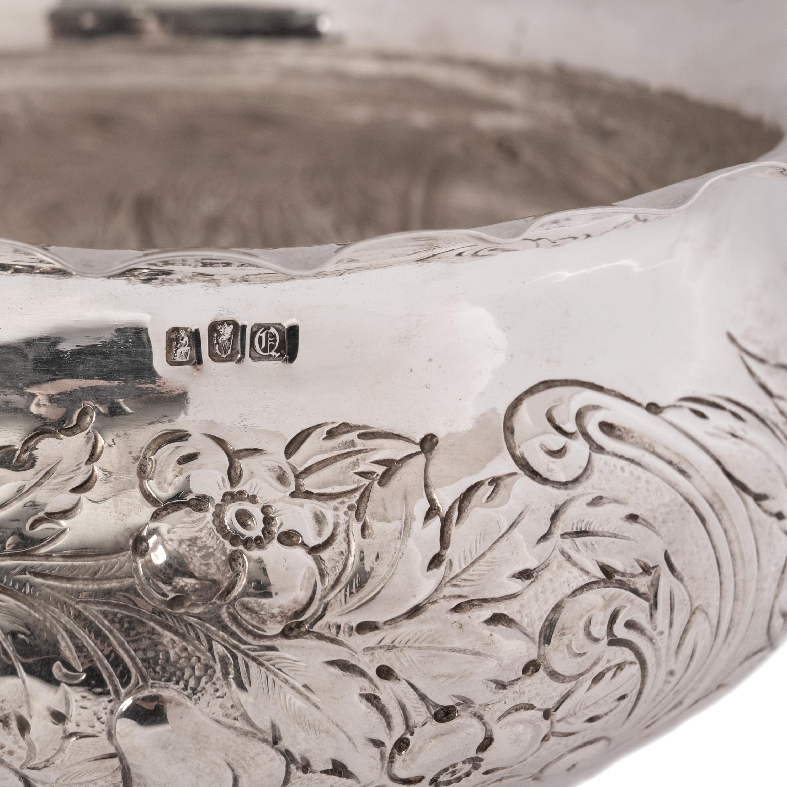 Repoussé Irish Sterling Silver Repousse Engraved Bowl William Egan Cork Dublin 1911 For Sale