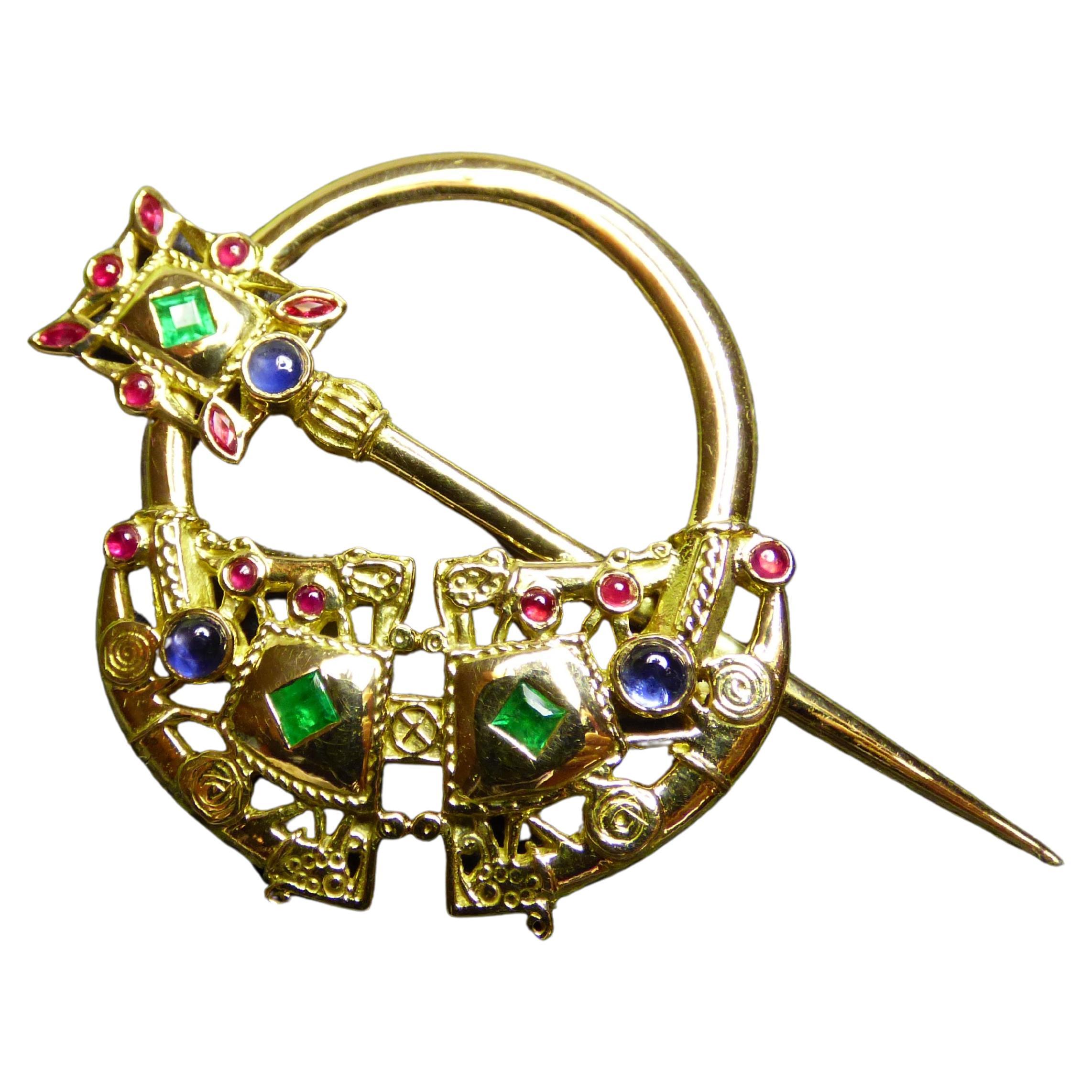 Irish Tara Brooch in 18K yellow Gold set with Emeralds, Rubies, and Sapphires For Sale