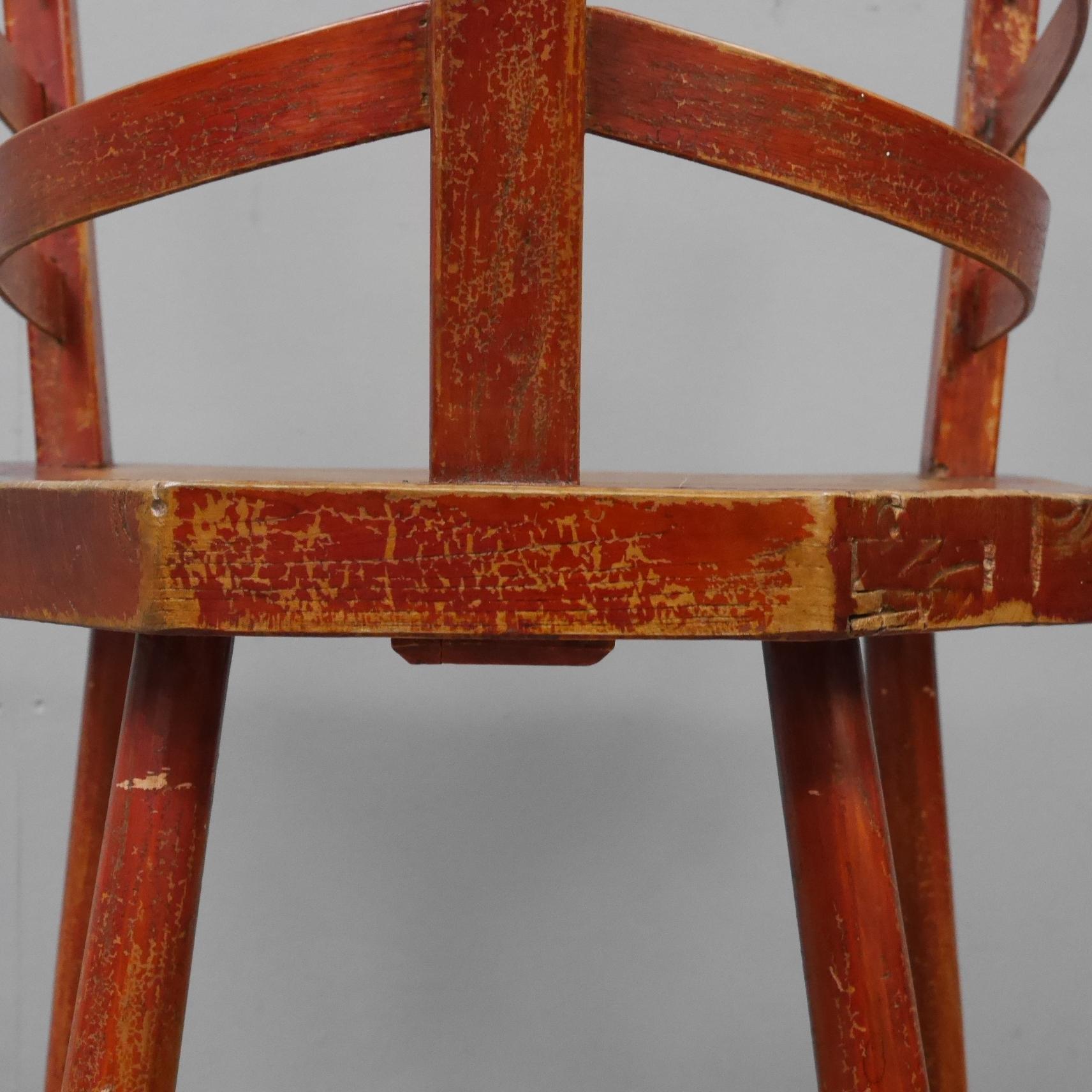An Irish vernacular Boat Builders chair.
A beautifully made chair of excellent form & colour, the thick slab seat raised on four turned legs & supporting the unique back rest with steam bent 'ribs'. A beautiful, timeless & high quality piece of
