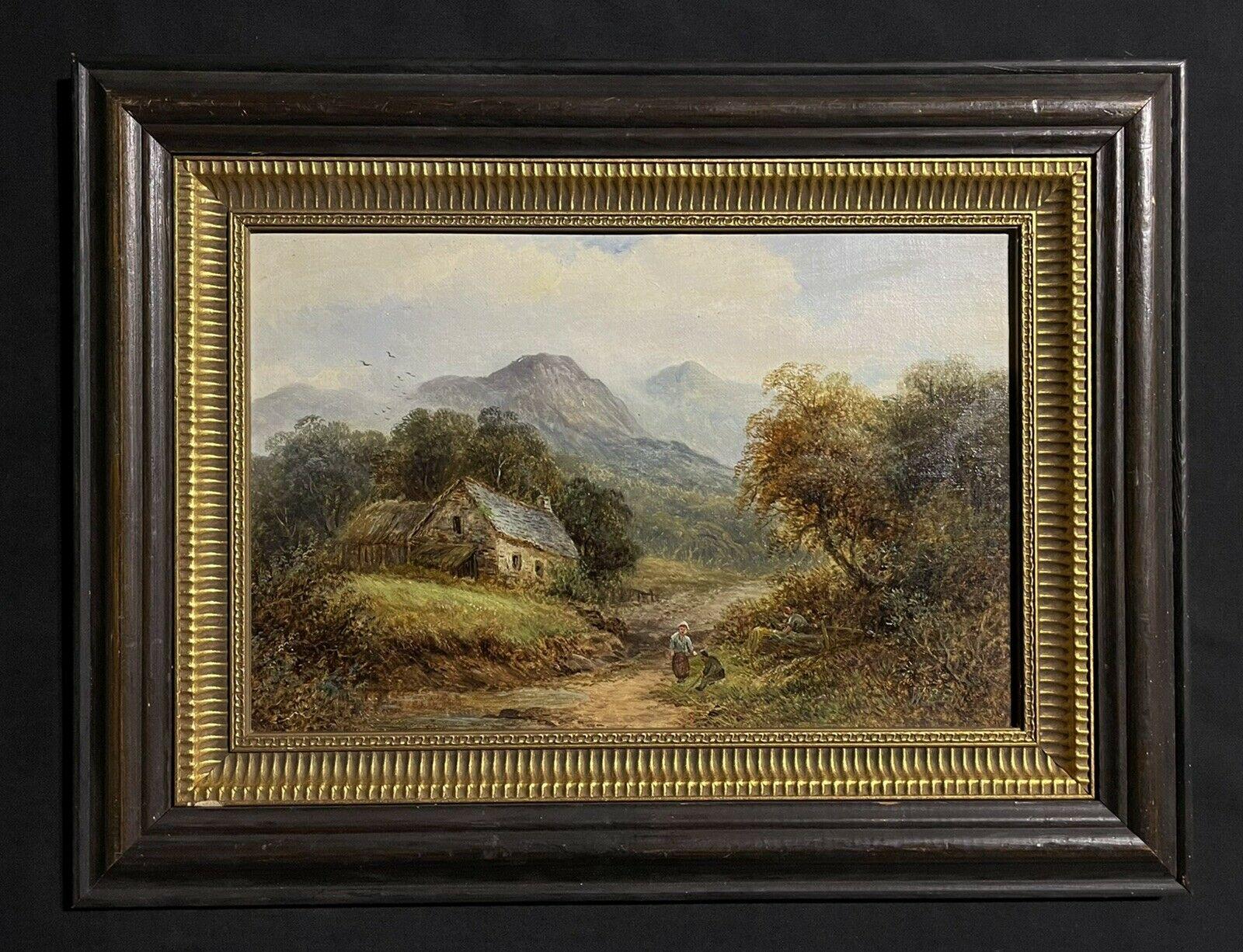 Paesaggio irlandese del XIX secolo dipinto ad olio Figure in montagna con cottage - Painting di Irish Victorian