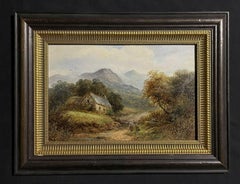 19th Century Irish Landscape Oil Painting Figures in Mountains with Cottage
