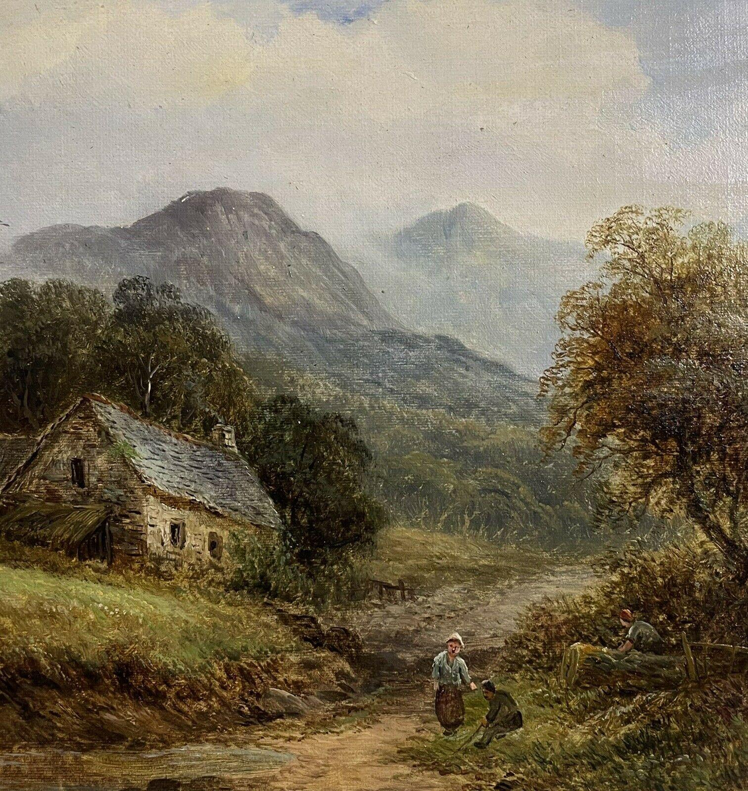 Paesaggio irlandese del XIX secolo dipinto ad olio Figure in montagna con cottage - Painting Vittoriano di Irish Victorian