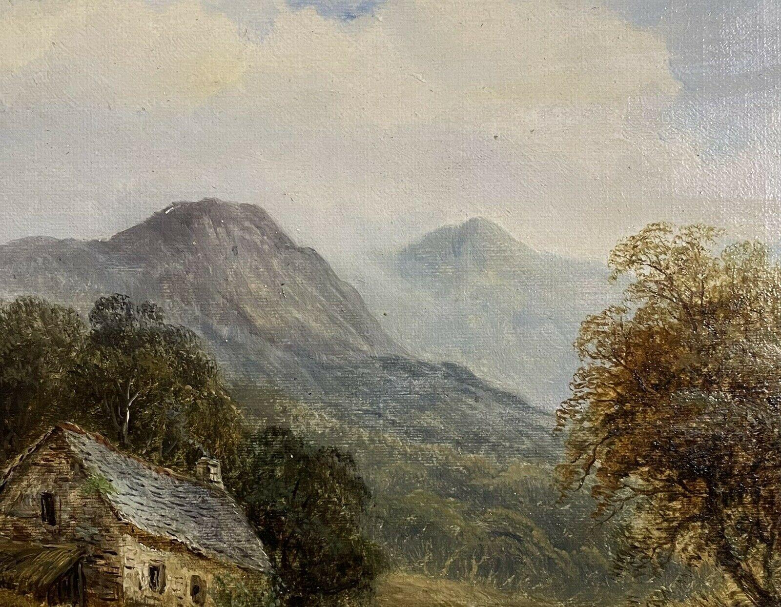 Paesaggio irlandese del XIX secolo dipinto ad olio Figure in montagna con cottage - Landscape Painting Marrone di Irish Victorian