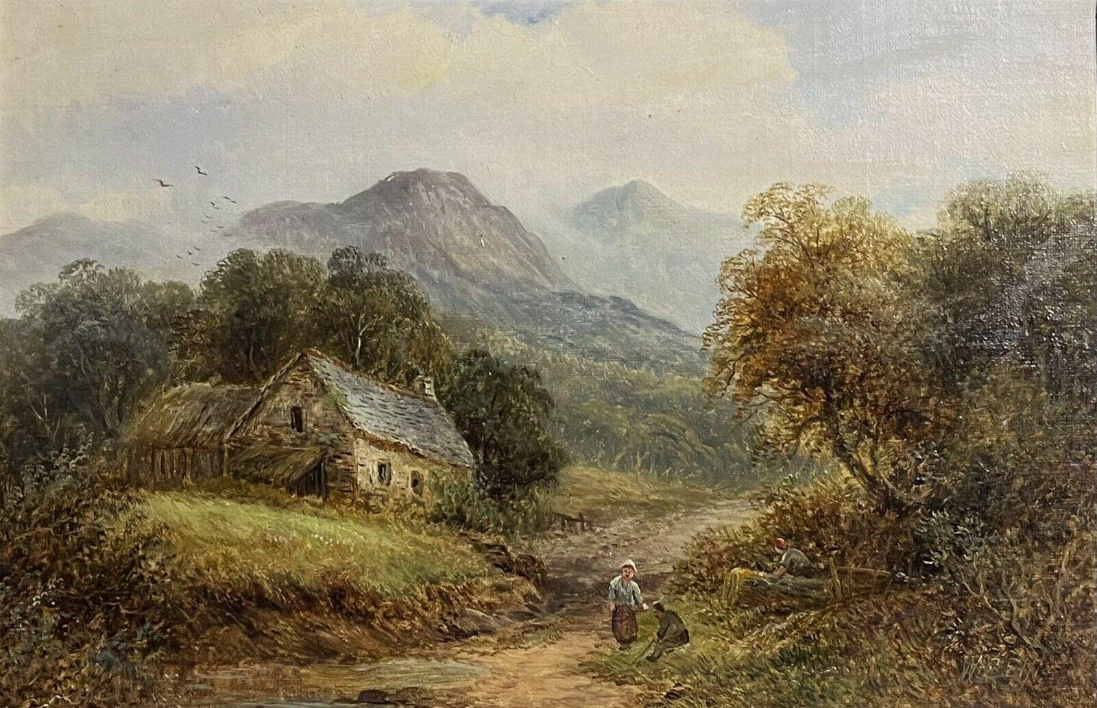 Landscape Painting di Irish Victorian - Paesaggio irlandese del XIX secolo dipinto ad olio Figure in montagna con cottage