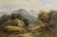 19th Century Irish Landscape Oil Painting Figures in Mountains with Cottage