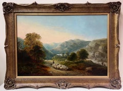 19th Century Irish Oil Painting Shepherd & Sheep in Mountain River Landscape