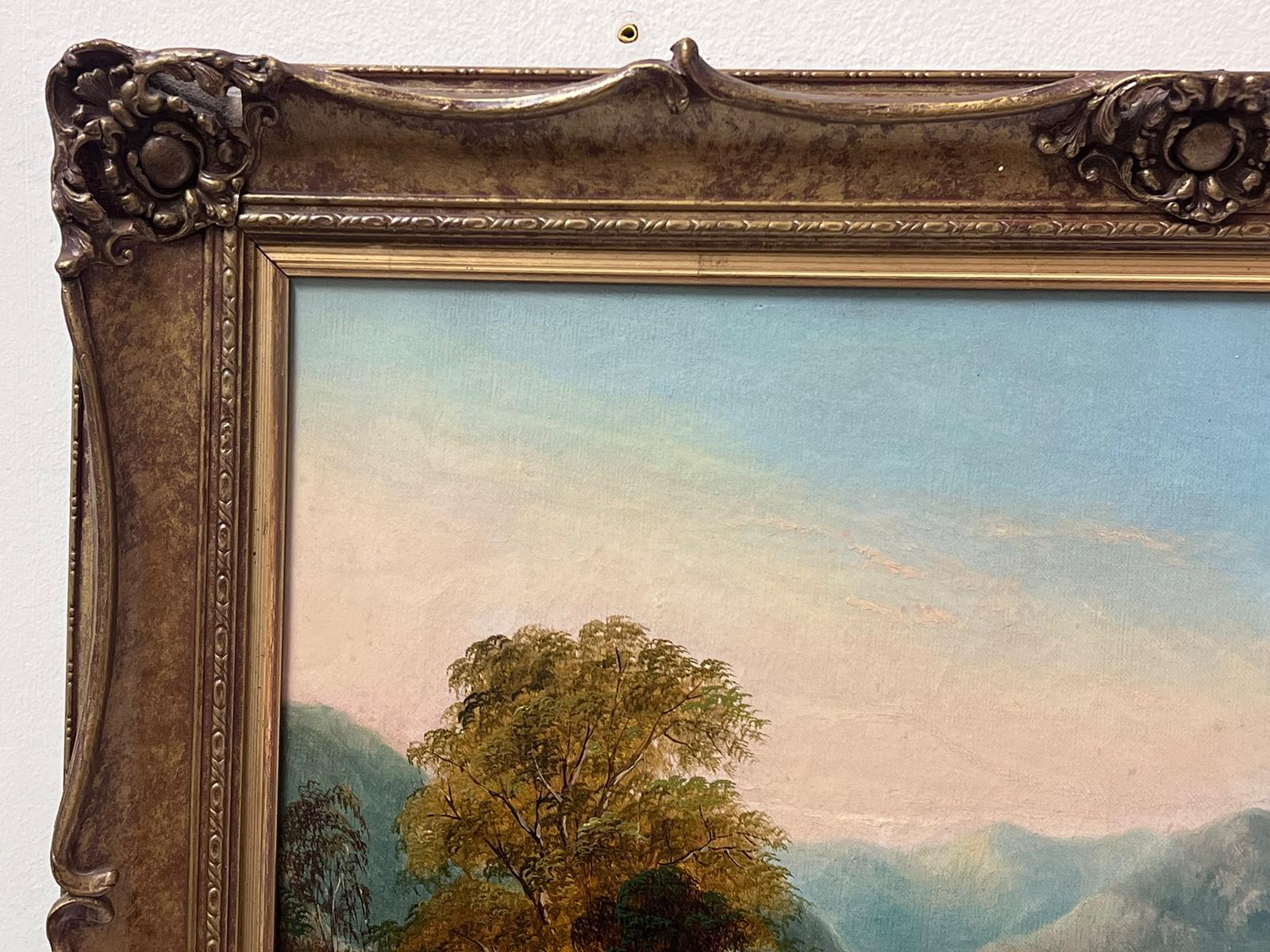 19th Century Irish Oil Painting Shepherd & Sheep in Mountain River Landscape For Sale 1